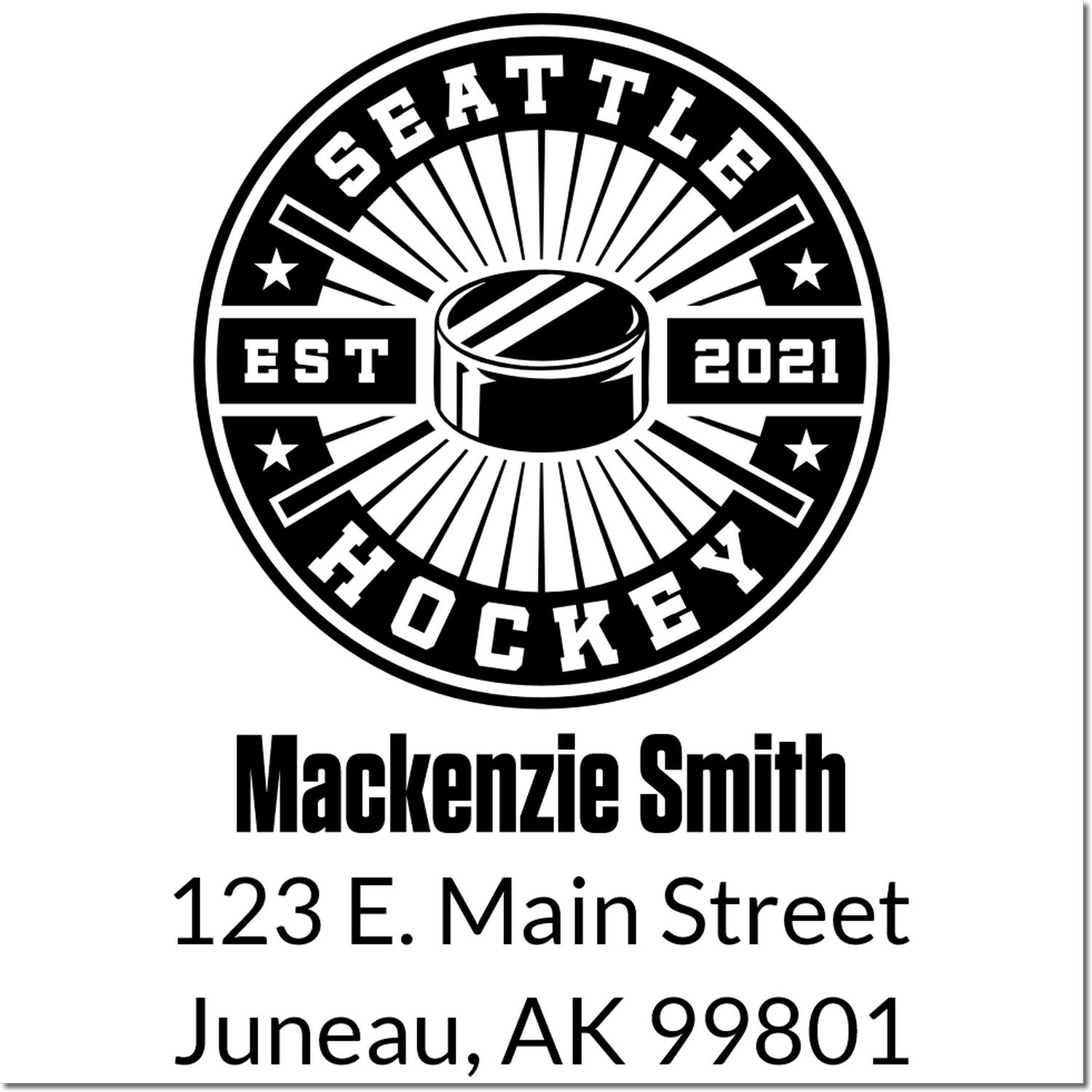 Custom Seattle Hockey rubber stamp with logo, name, and address for Mackenzie Smith, Juneau, AK 99801.
