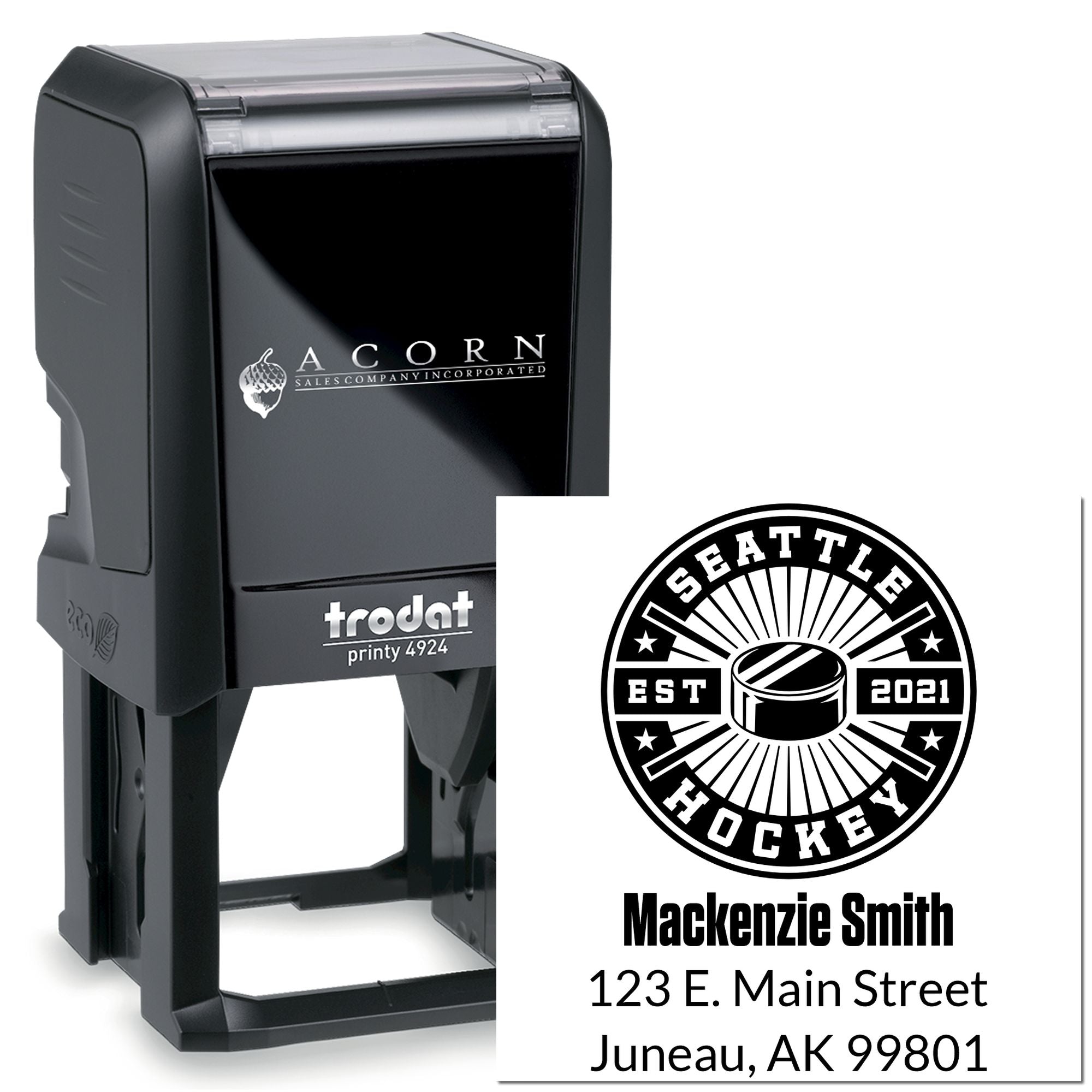Custom self-inking rubber stamp with Seattle Hockey logo, name, and address for business branding and mailing.