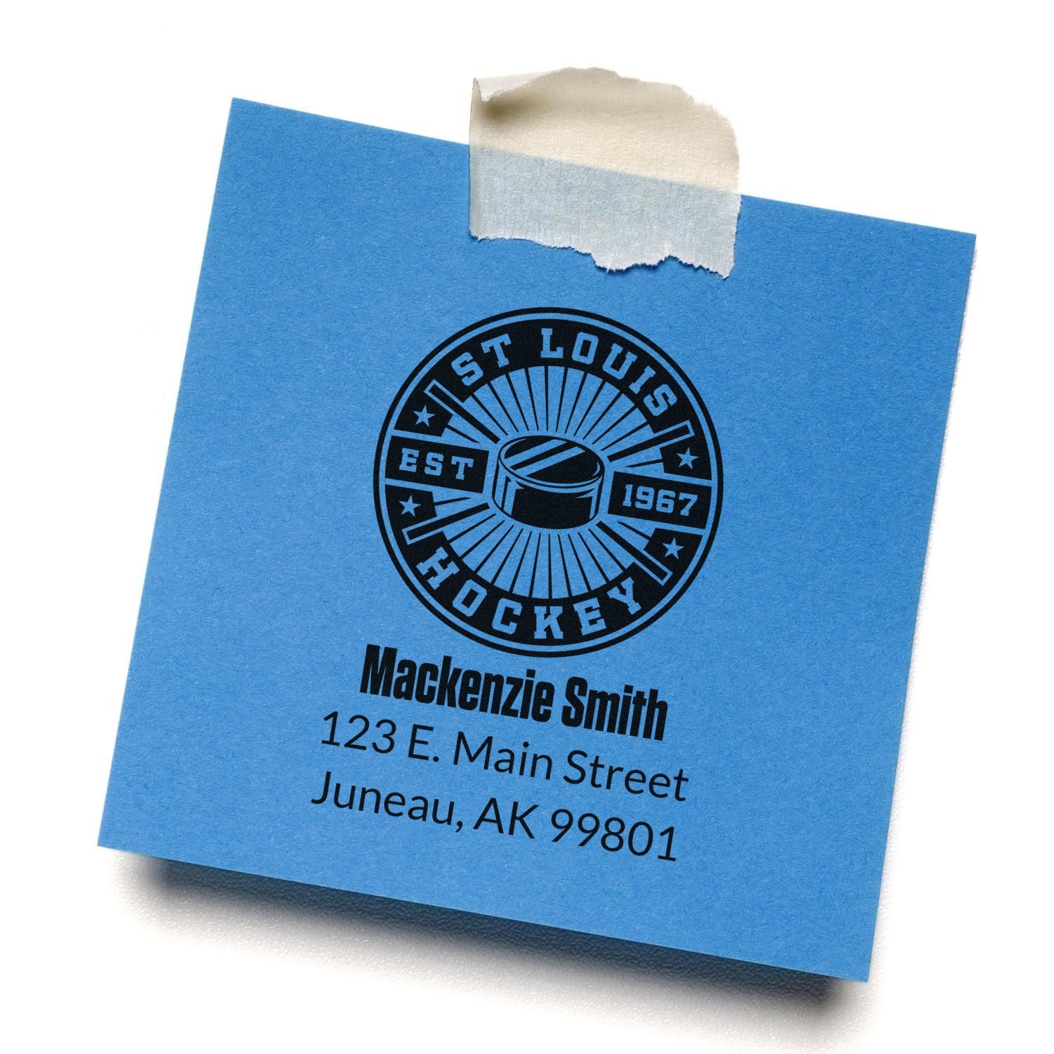 Custom hockey address rubber stamp on blue note with St Louis Hockey logo for MacKenzie Smith, Juneau, AK.