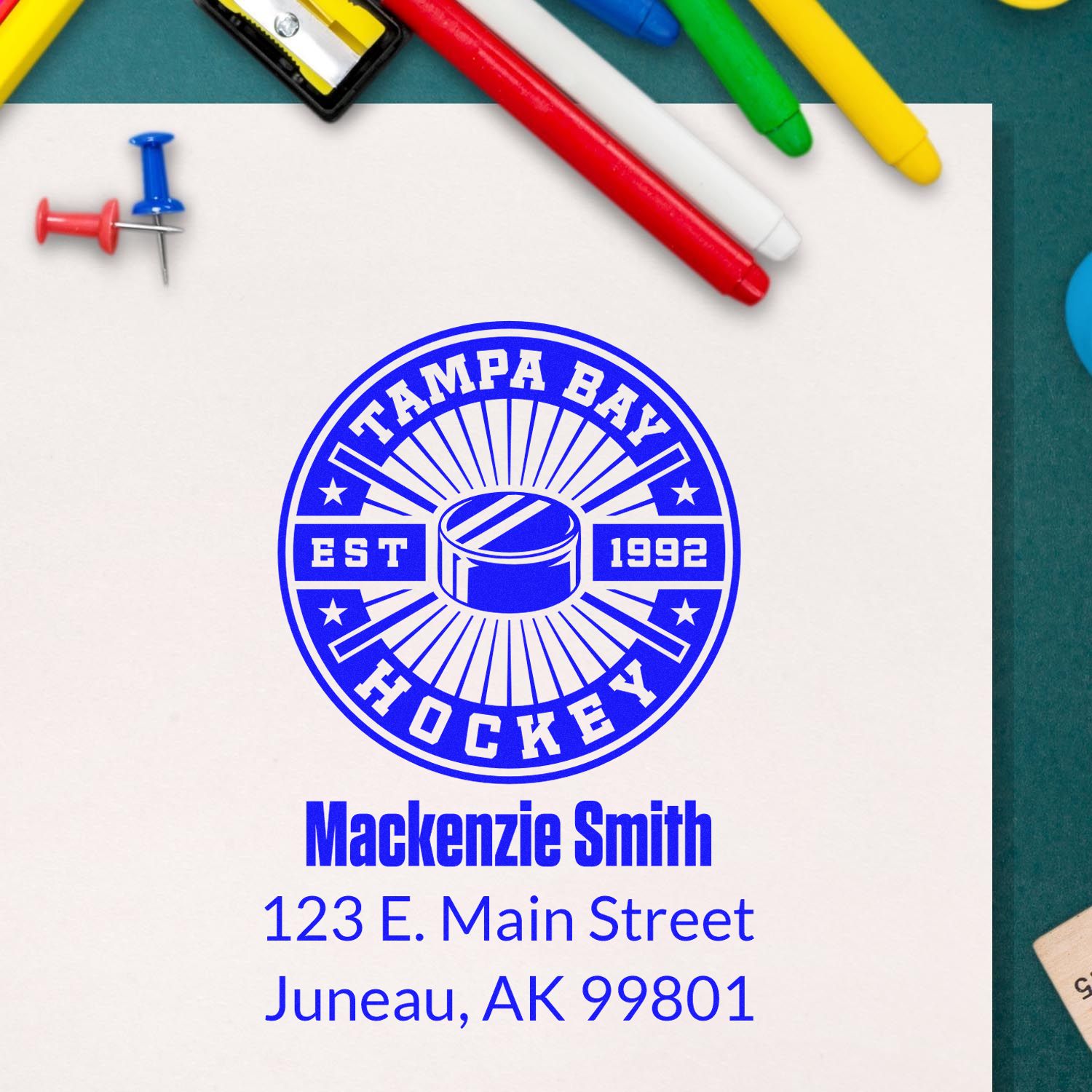 Personalized hockey rubber stamp with Tampa Bay Hockey logo, name, and address for business mailing.