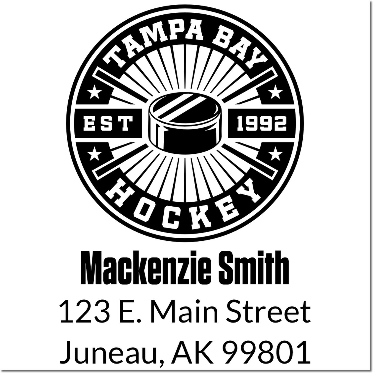 Custom Tampa Bay Hockey address stamp for Mackenzie Smith, 123 E. Main Street, Juneau, AK 99801
