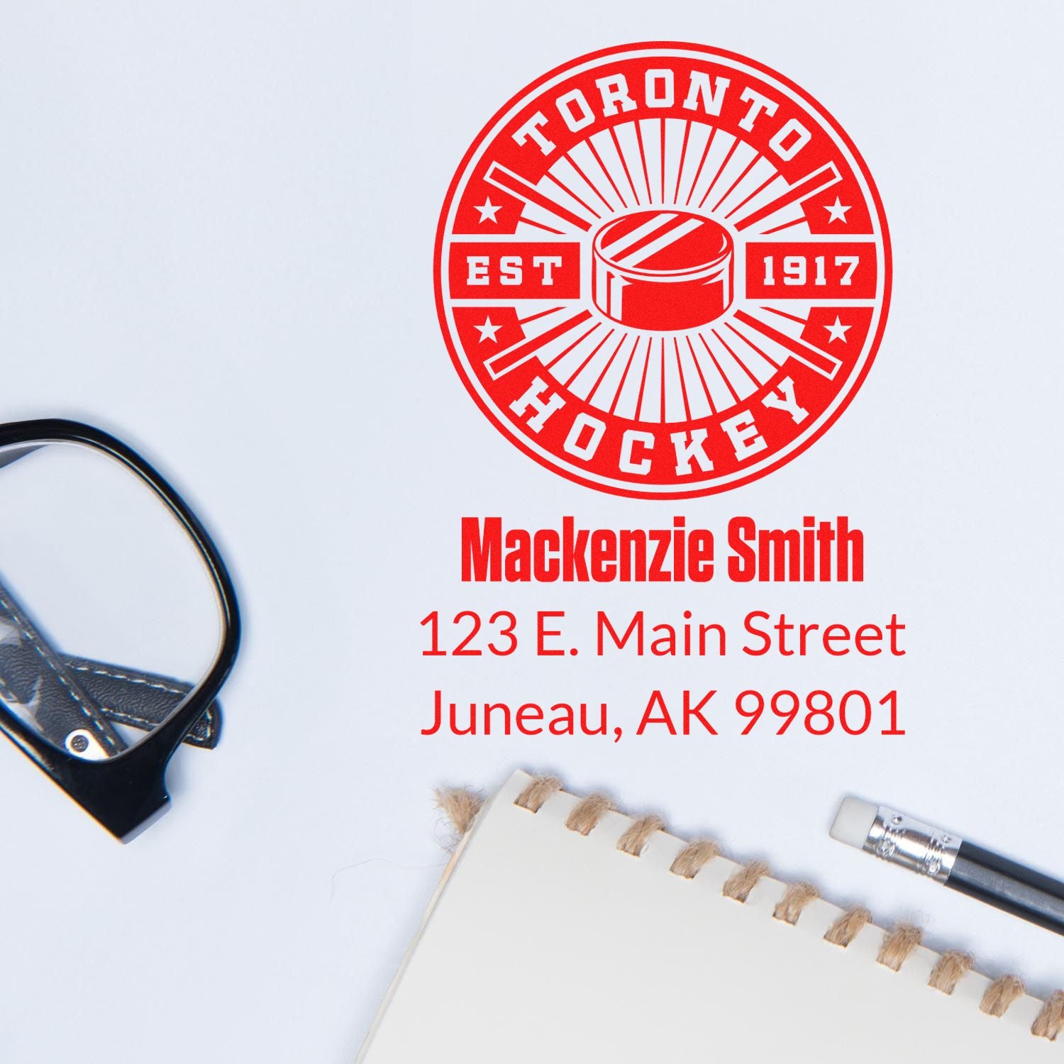 Custom Toronto Hockey rubber stamp with name and address, featuring personalized hockey logo for stationery and branding.