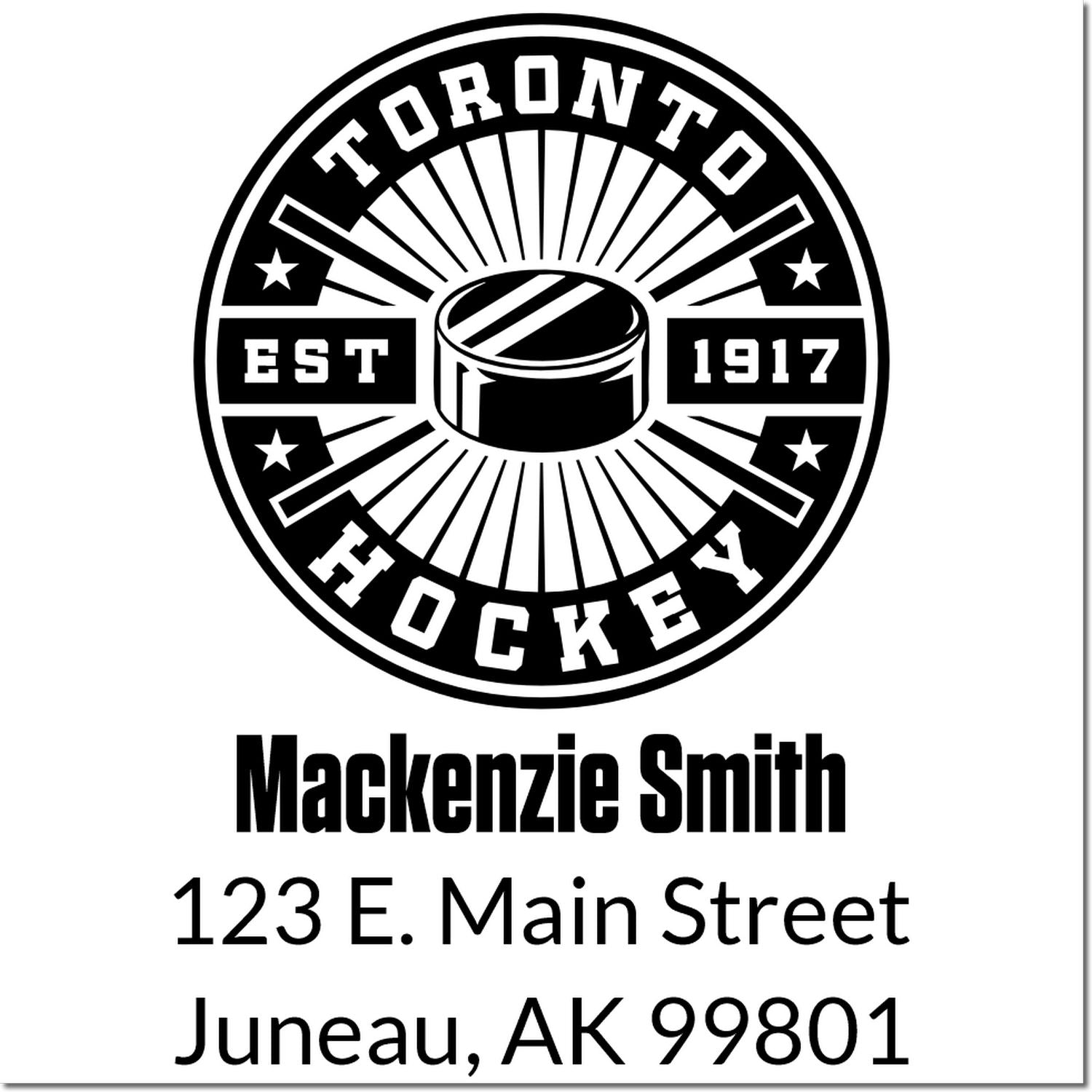 Custom Toronto Hockey rubber stamp with name and address for Mackenzie Smith, 123 E. Main Street, Juneau, AK 99801.
