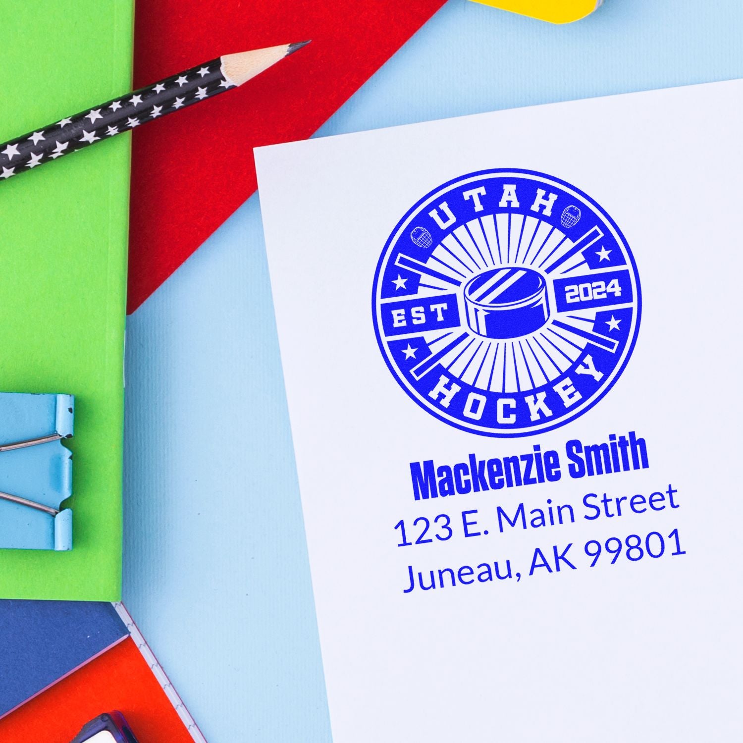 Custom Utah Hockey return address rubber stamp with name and address for personalized sports mailings.