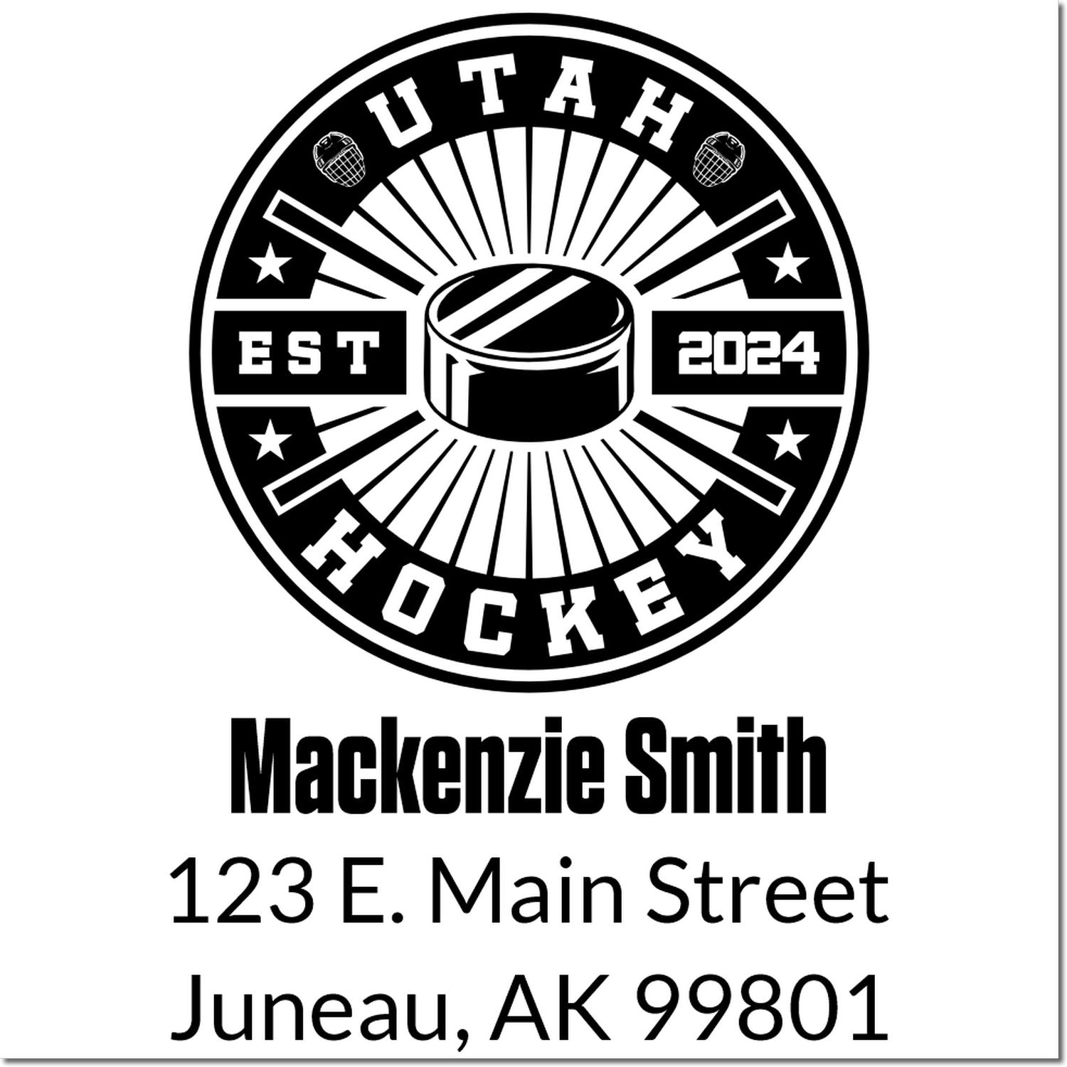 Custom Utah Hockey return address rubber stamp for Mackenzie Smith, 123 E. Main Street, Juneau, AK 99801, EST 2024.