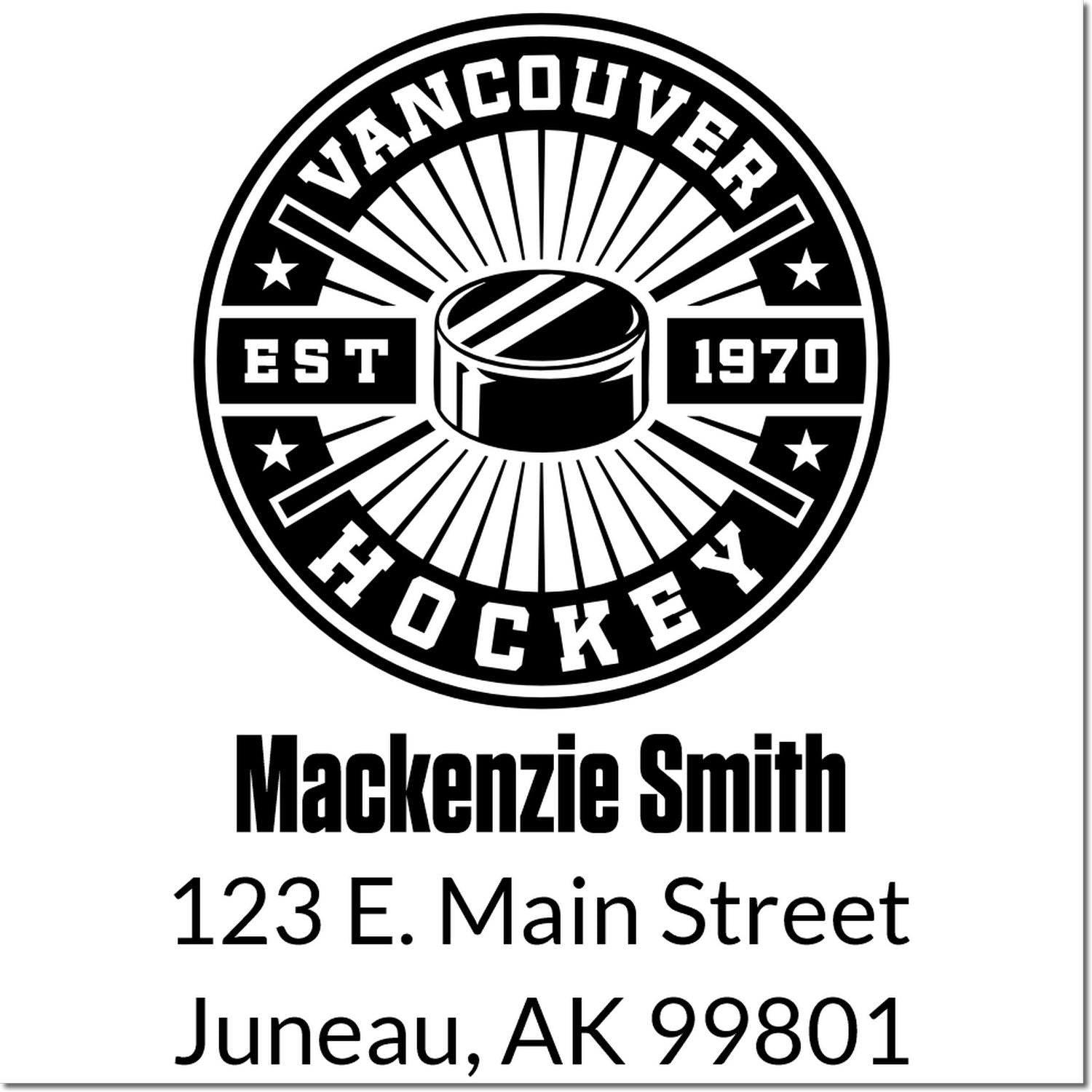 Custom personalized rubber stamp with Vancouver Hockey logo, MacKenzie Smith name, and Juneau, AK 99801 address.