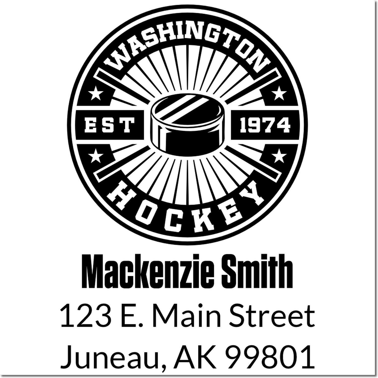 Custom Washington Hockey rubber stamp with personalized name and Juneau, AK address for Mackenzie Smith.