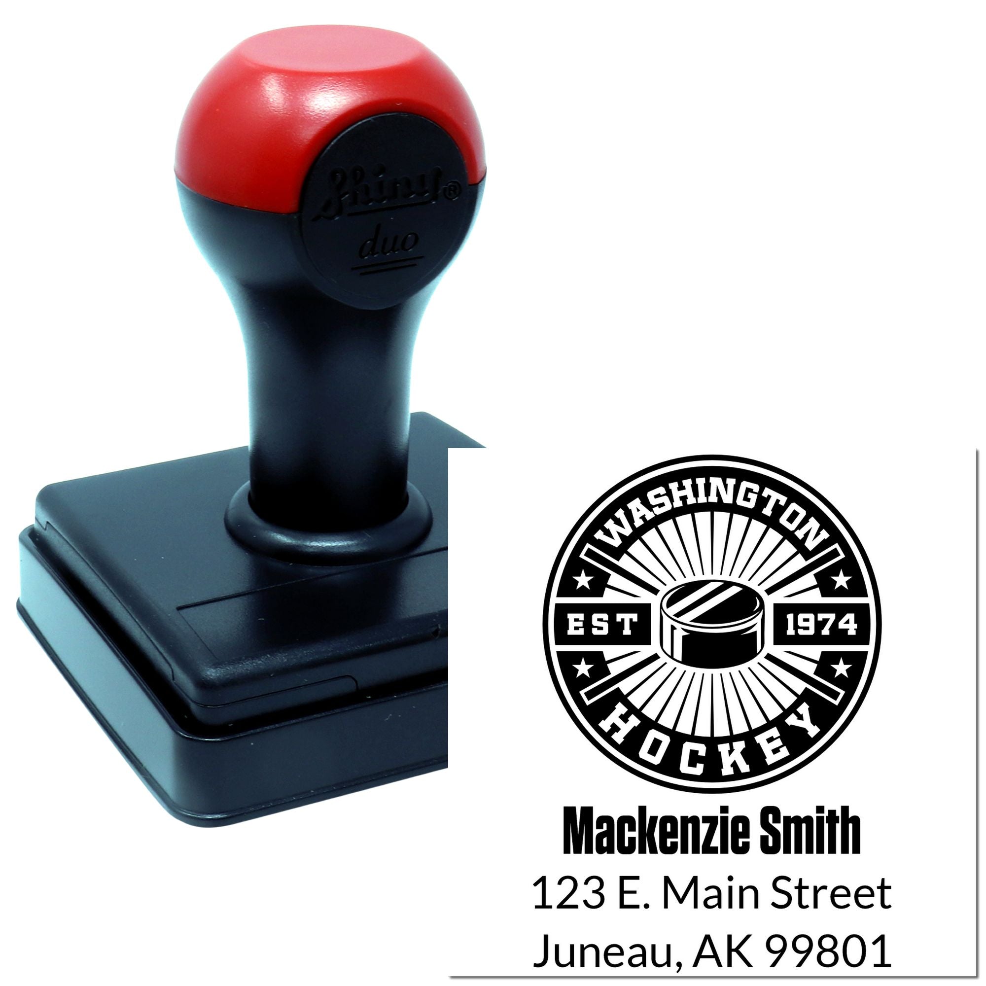 Custom self-inking rubber stamp with Washington Hockey logo and return address for Mackenzie Smith.