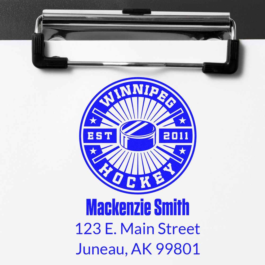 Custom hockey rubber stamp with Winnipeg Hockey logo, Mackenzie Smith name, and mailing address for business use.