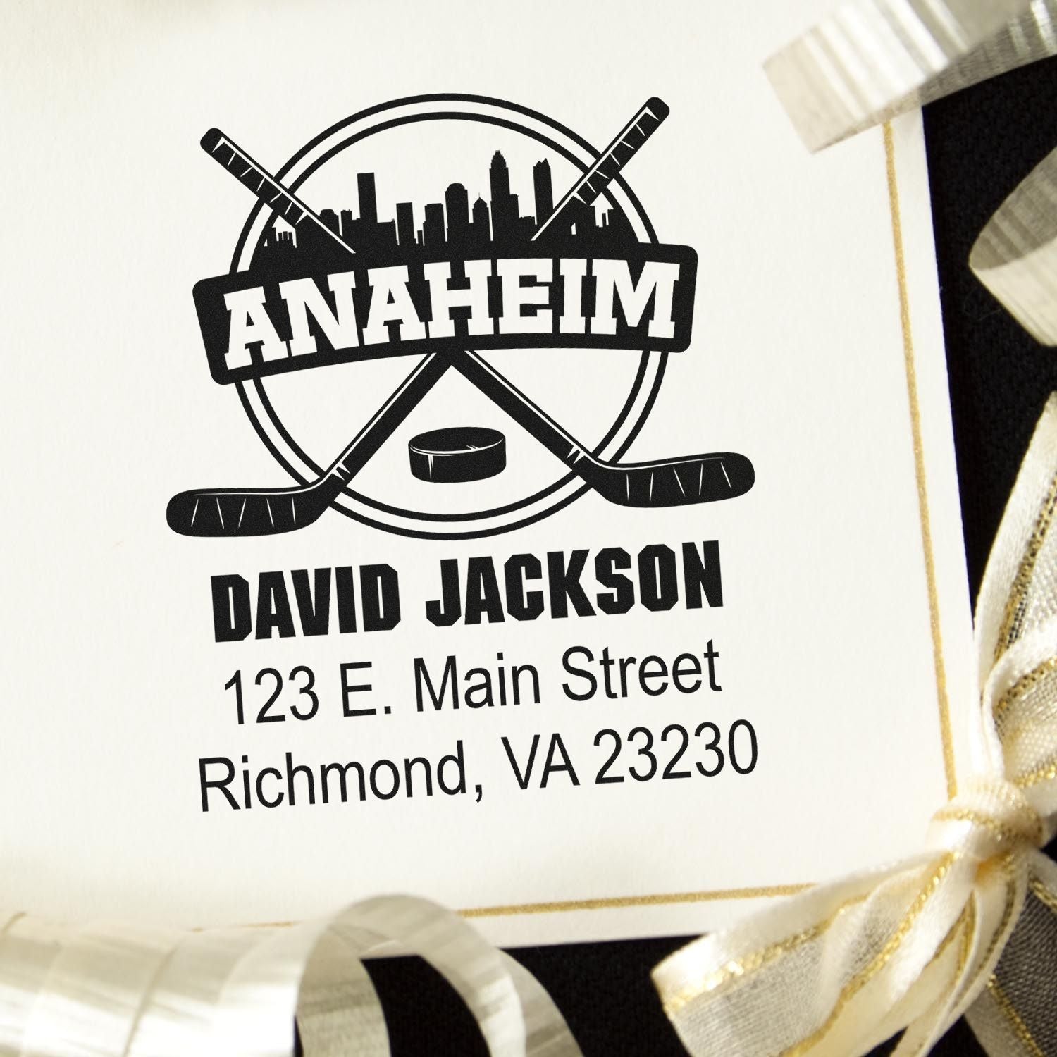Custom Anaheim hockey return address rubber stamp with name, street address, and Richmond, VA 23230.