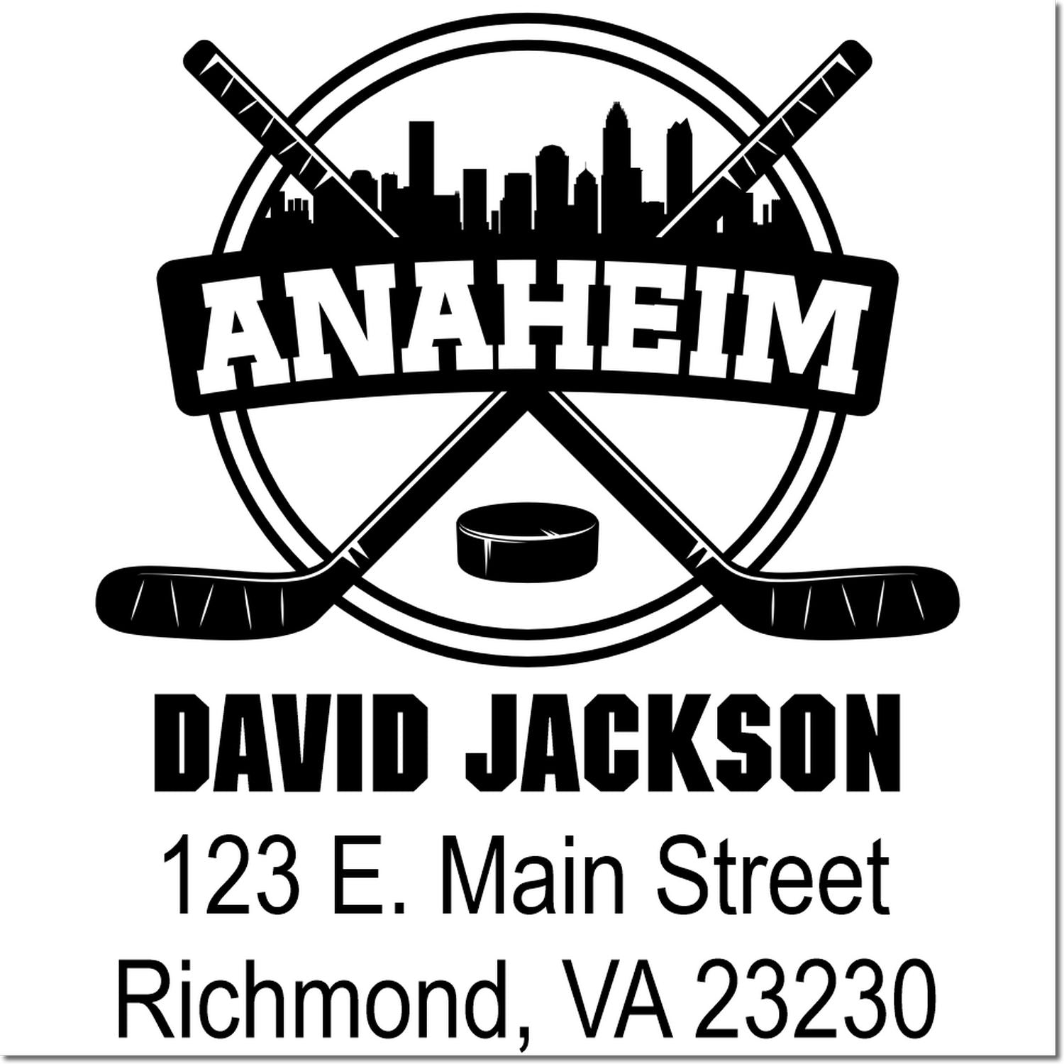 Personalized Anaheim hockey return address rubber stamp for David Jackson, 123 E. Main Street, Richmond, VA 23230