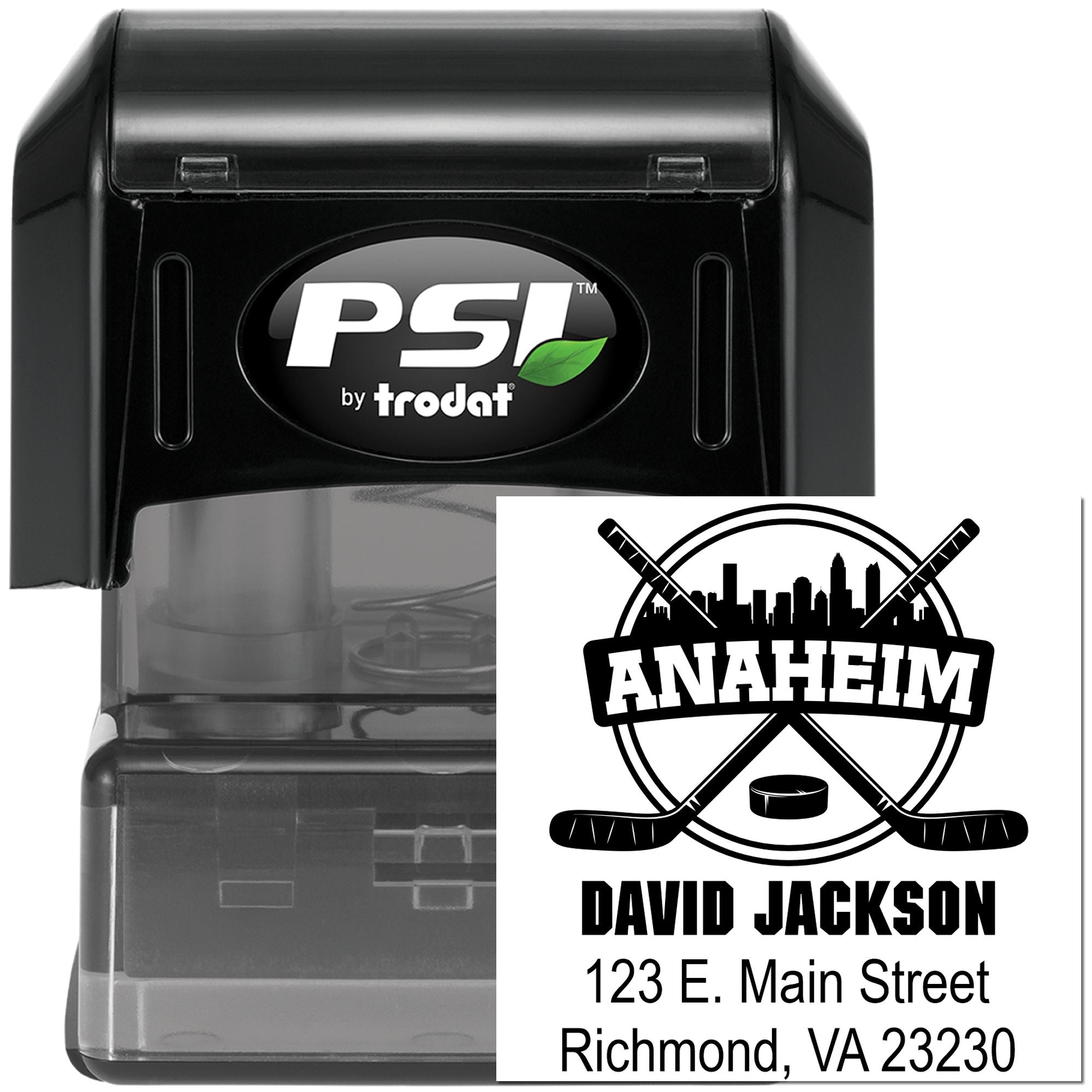 Custom hockey self-inking rubber stamp by PSI Trodat with Anaheim, David Jackson, and address for personalized mailing.