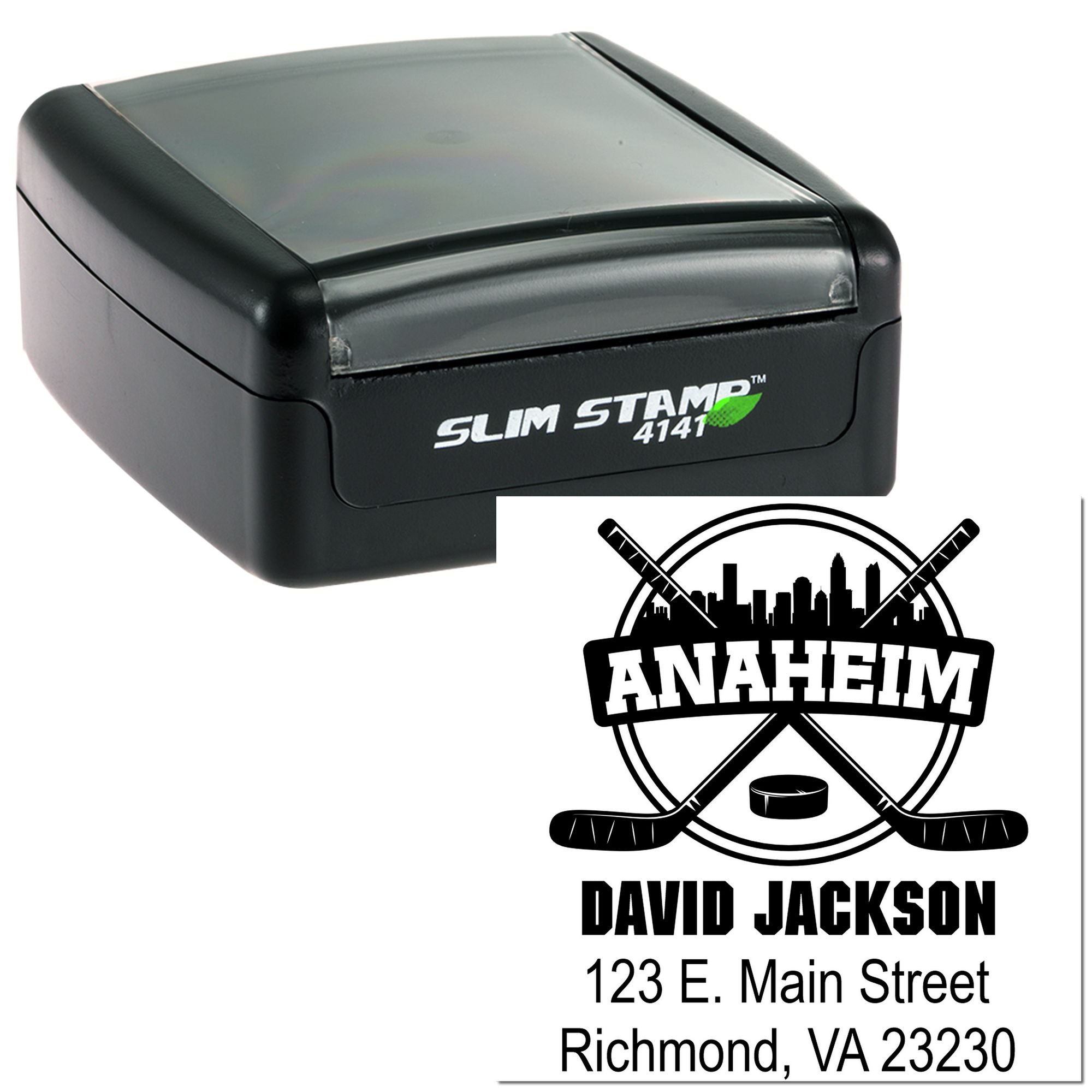 Slim self-inking rubber stamp with Anaheim hockey logo, David Jackson name, and Richmond, VA address.