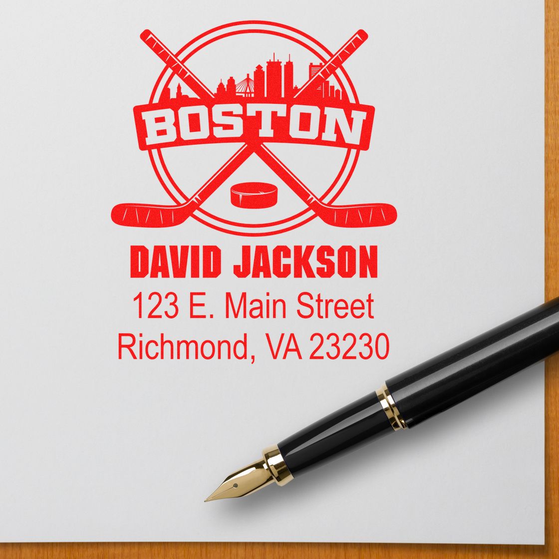 Custom Boston hockey rubber stamp with personalized name and address for David Jackson, Richmond, VA.