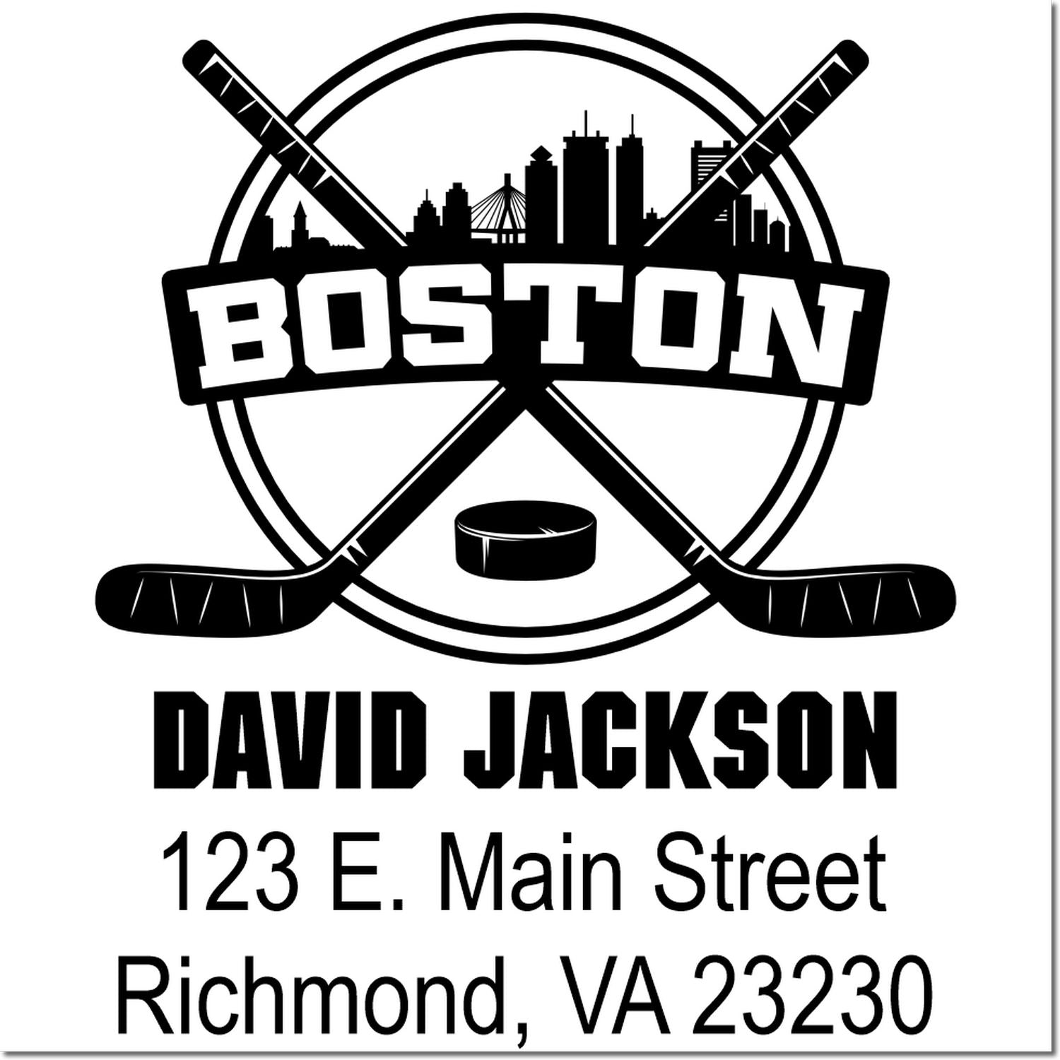 Custom Boston hockey rubber stamp with skyline, crossed sticks, and David Jackson return address in Richmond, VA 23230.