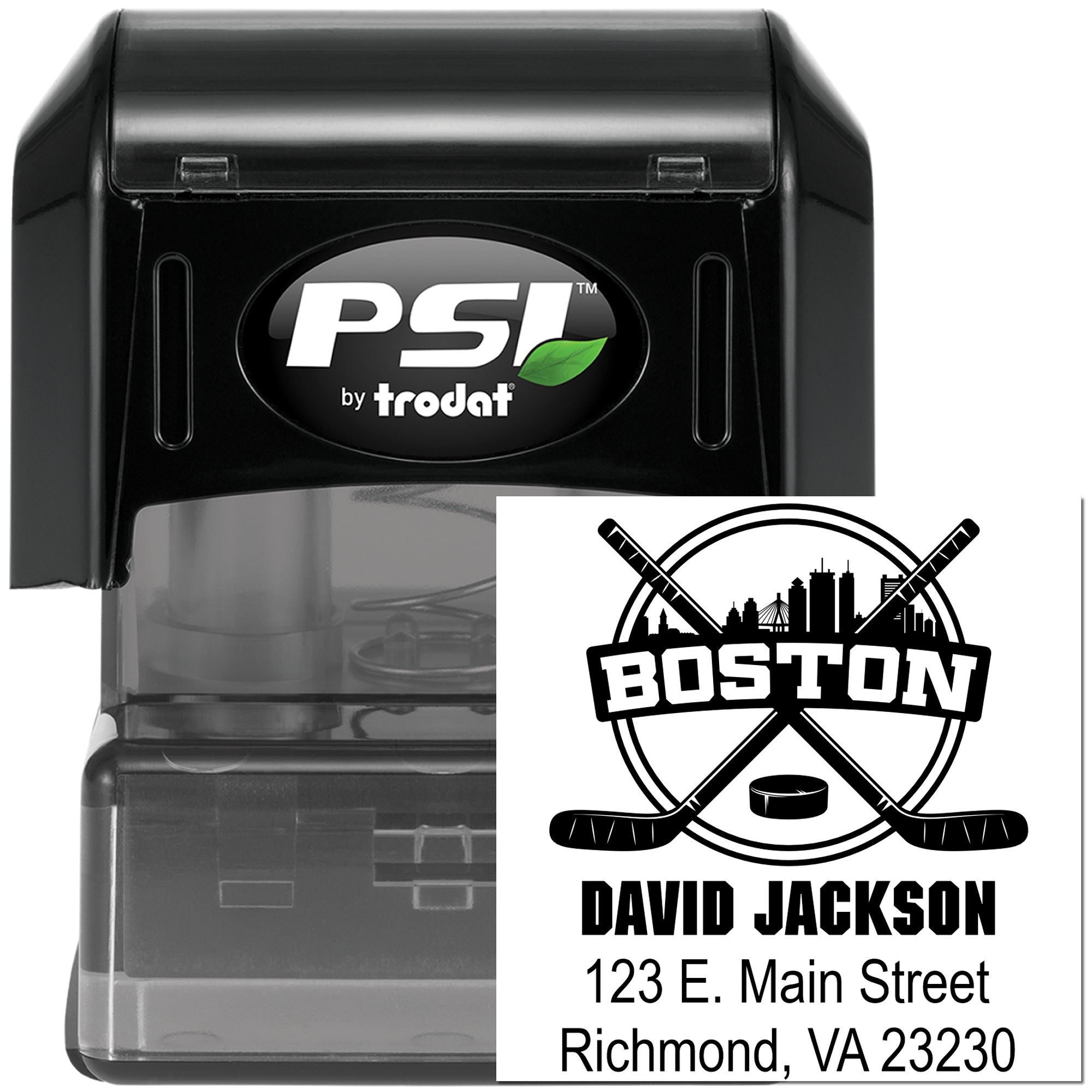 PSI by Trodat custom self-inking rubber stamp with Boston hockey logo, name, and address for personalized mailing use.
