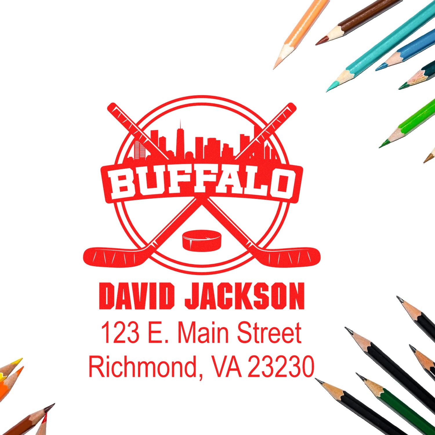 Custom Buffalo hockey rubber stamp with David Jackson return address, 123 E. Main Street, Richmond, VA 23230.