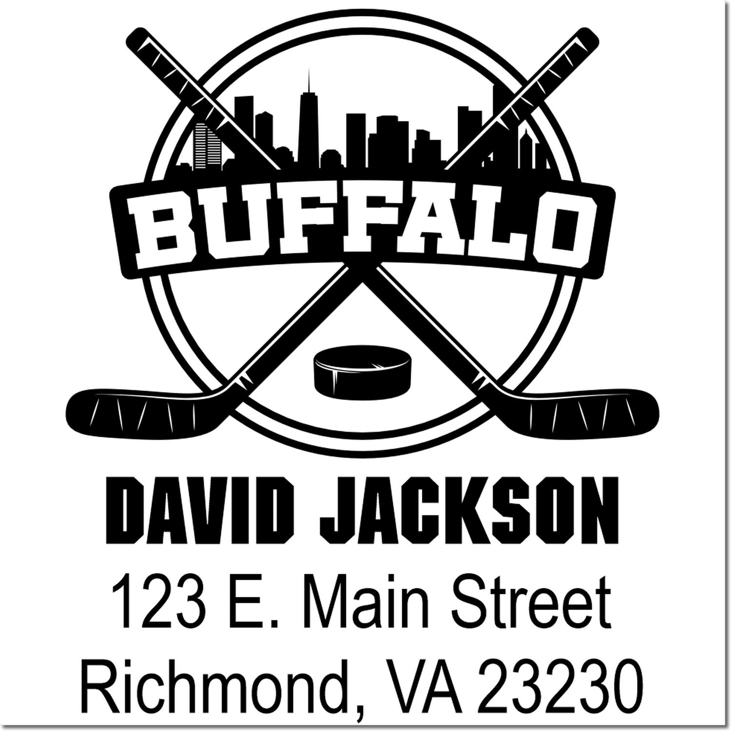 Buffalo hockey custom return address rubber stamp for David Jackson, 123 E. Main Street, Richmond, VA 23230.