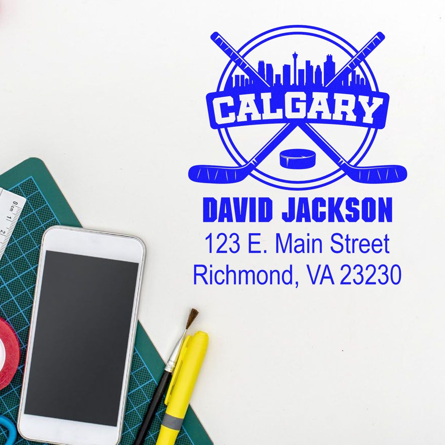 Custom Calgary hockey address stamp with David Jackson name and Richmond, VA mailing details