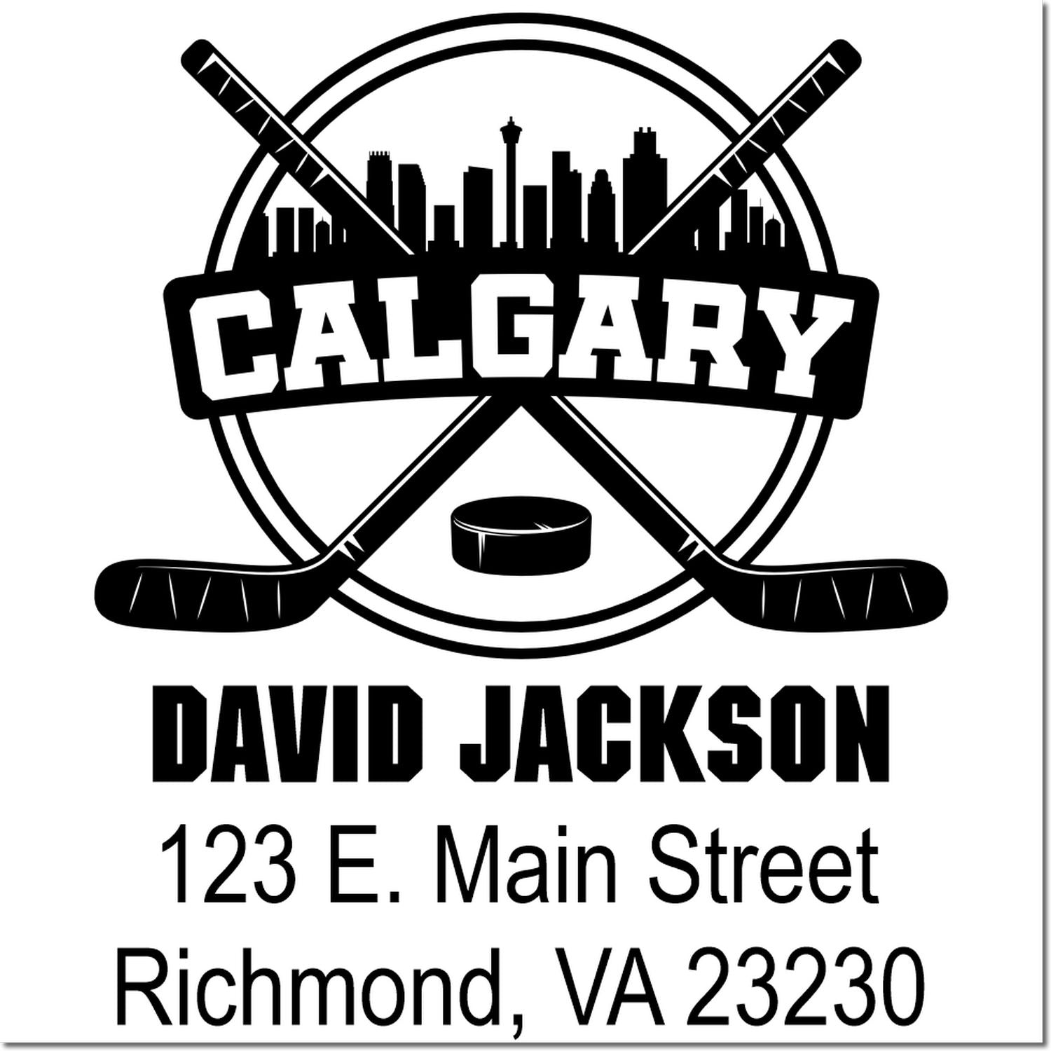 Custom Calgary hockey rubber stamp with crossed sticks, skyline, David Jackson, and Richmond, VA address.