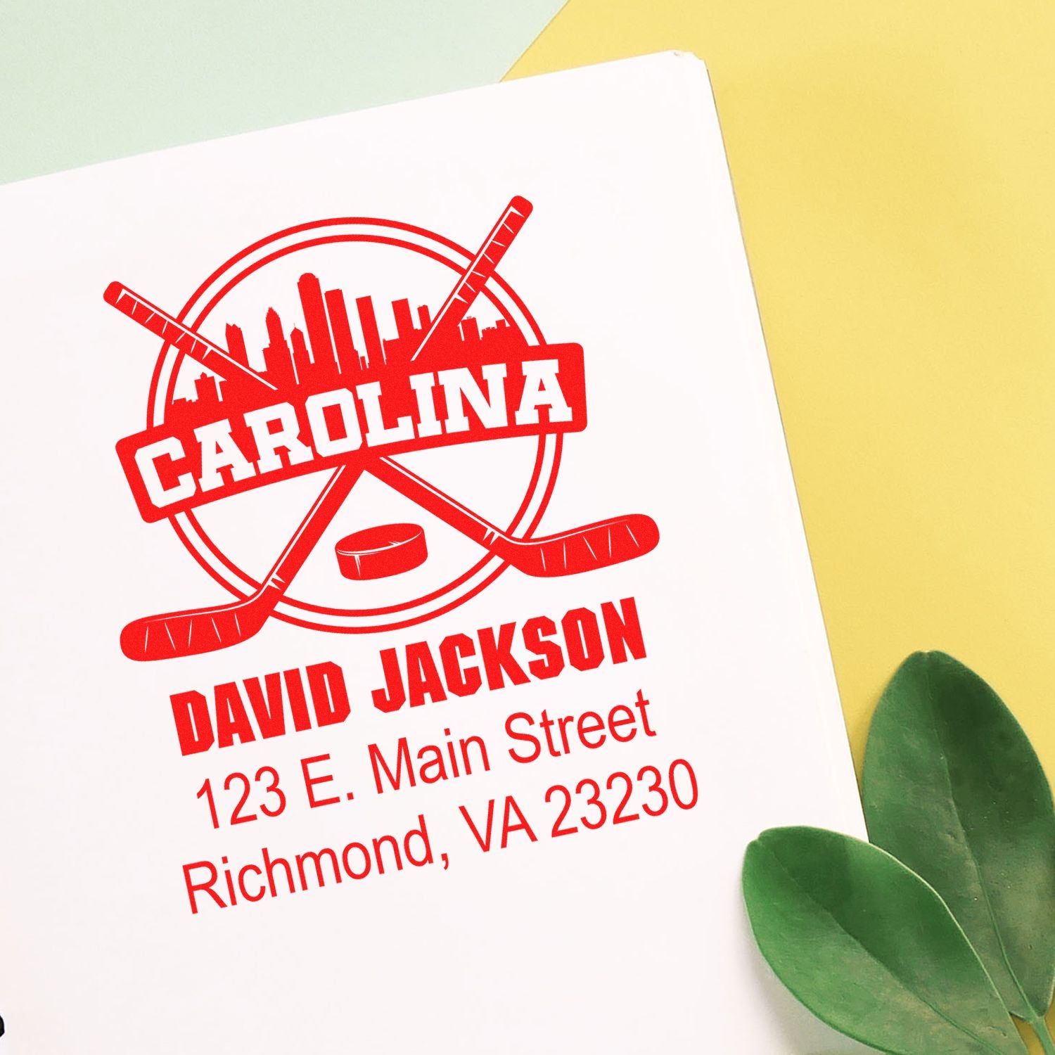 Custom Carolina hockey rubber stamp with personalized name and Richmond, VA return address