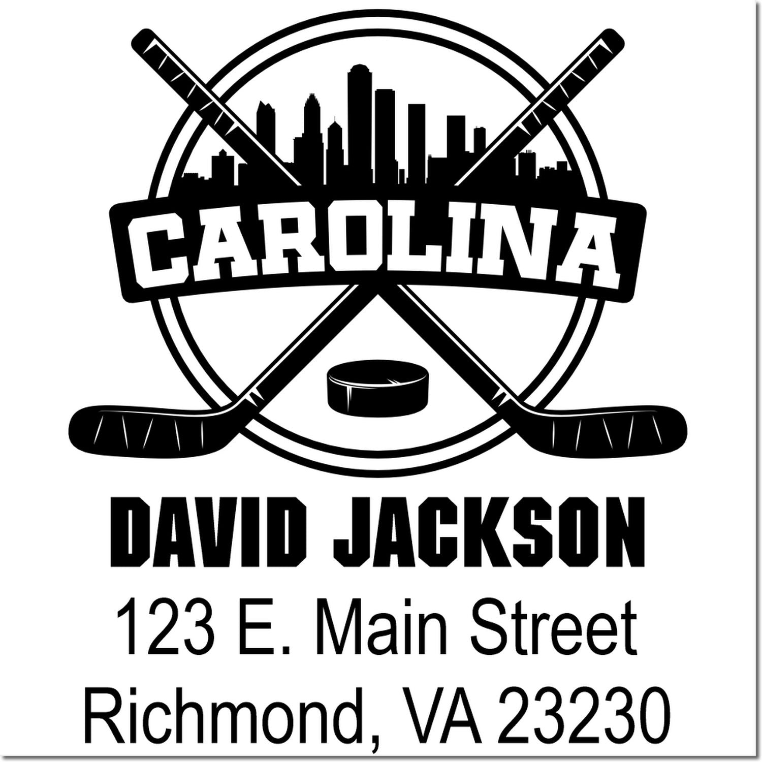 Custom Carolina hockey rubber stamp with skyline, crossed sticks, puck, and personalized David Jackson address in Richmond, VA.