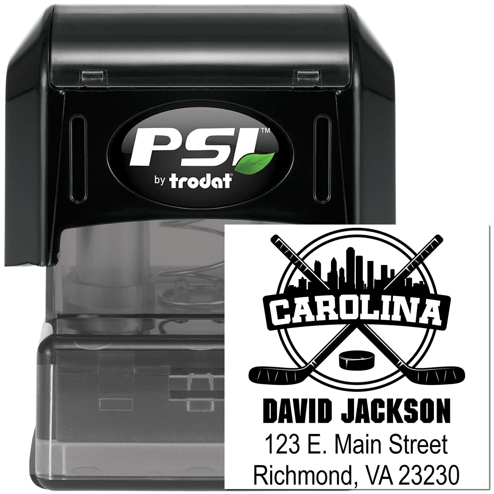 Custom self-inking rubber address stamp for hockey fans with Carolina logo, name, and Richmond, VA address.