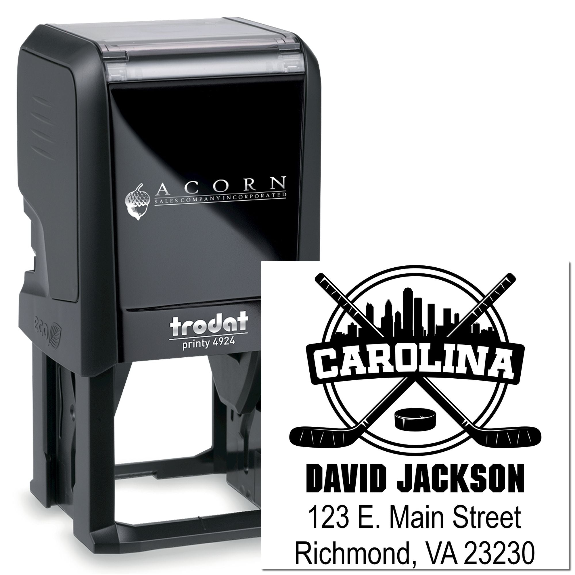 Custom self-inking hockey rubber stamp with Carolina logo, name, and address for personalized mailing and branding.