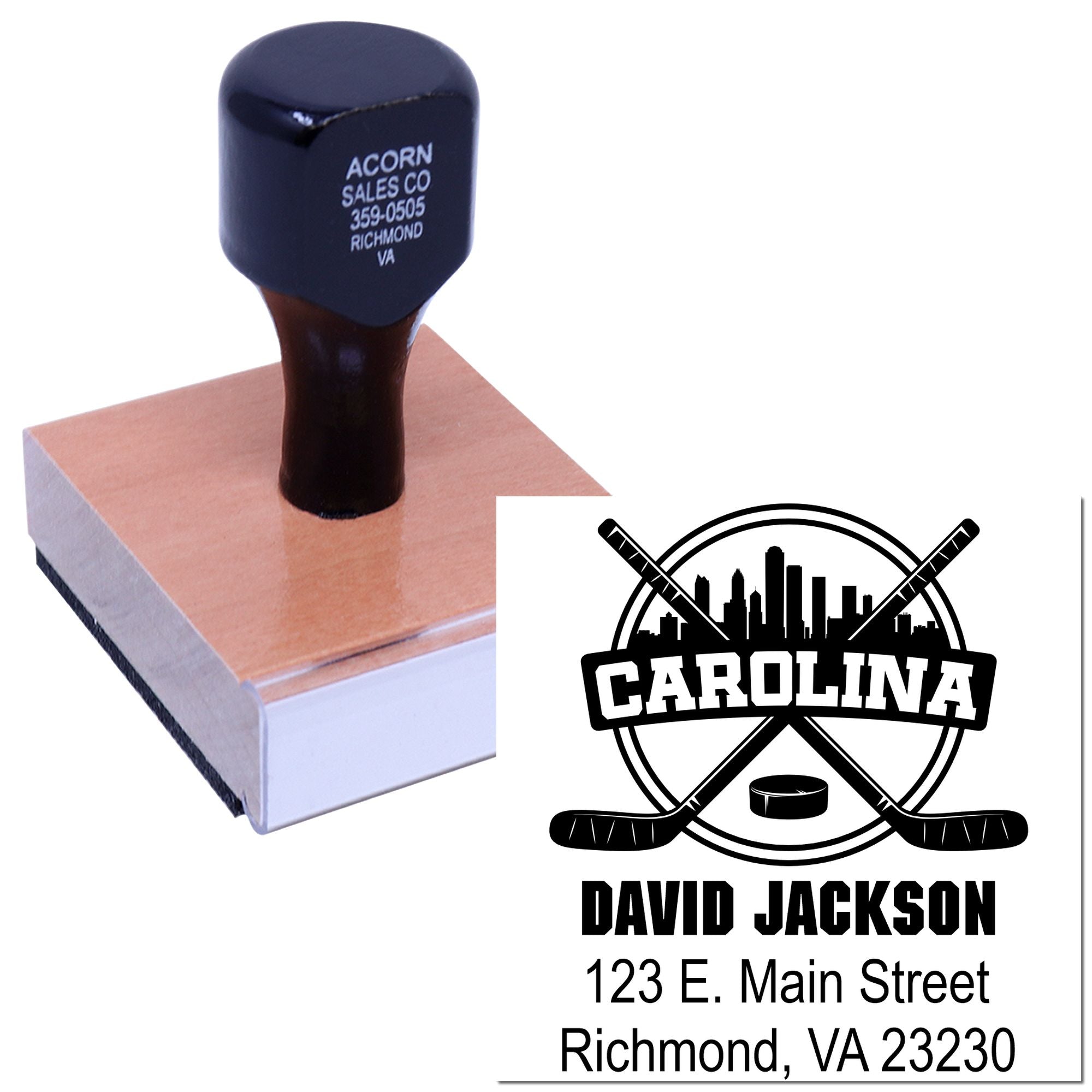 Custom hockey rubber stamp with Carolina logo, David Jackson name, and Richmond, VA address for mailing and branding.