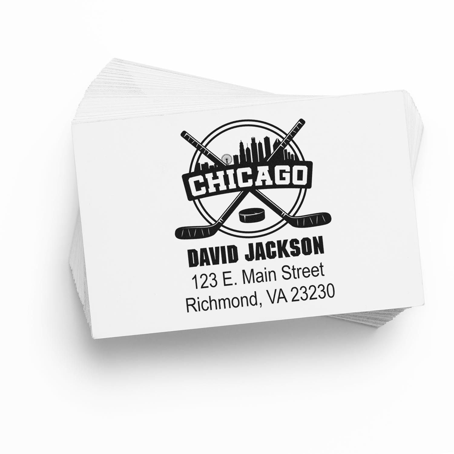 Custom return address rubber stamp with Chicago hockey logo for David Jackson, Richmond, VA