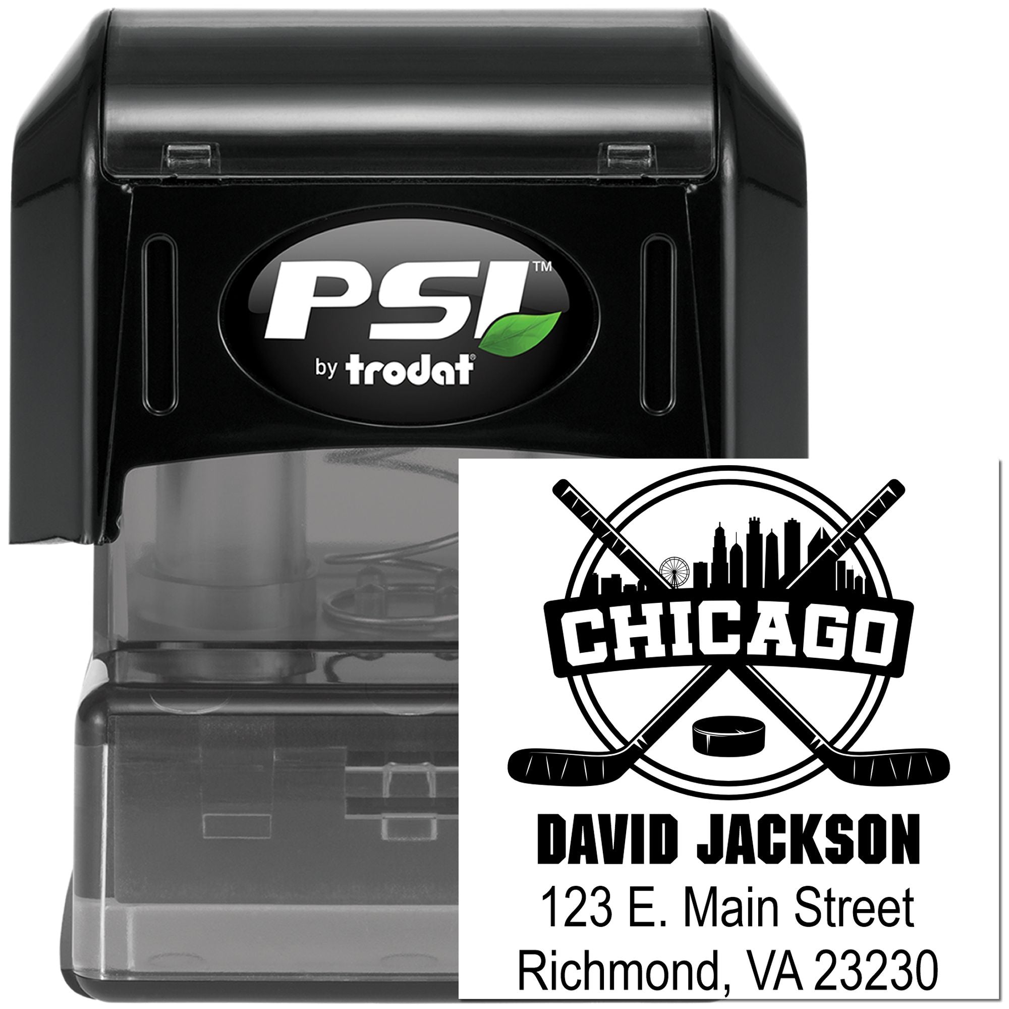 Custom self-inking rubber stamp by PSI Trodat with Chicago hockey logo, name, and return address for personalized use