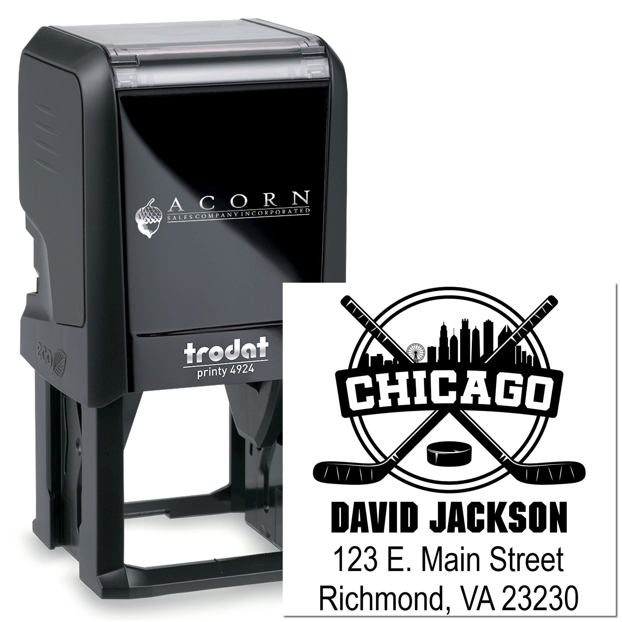 Trodat self-inking rubber stamp with custom Chicago hockey logo, name, and address for personalized business mailing.