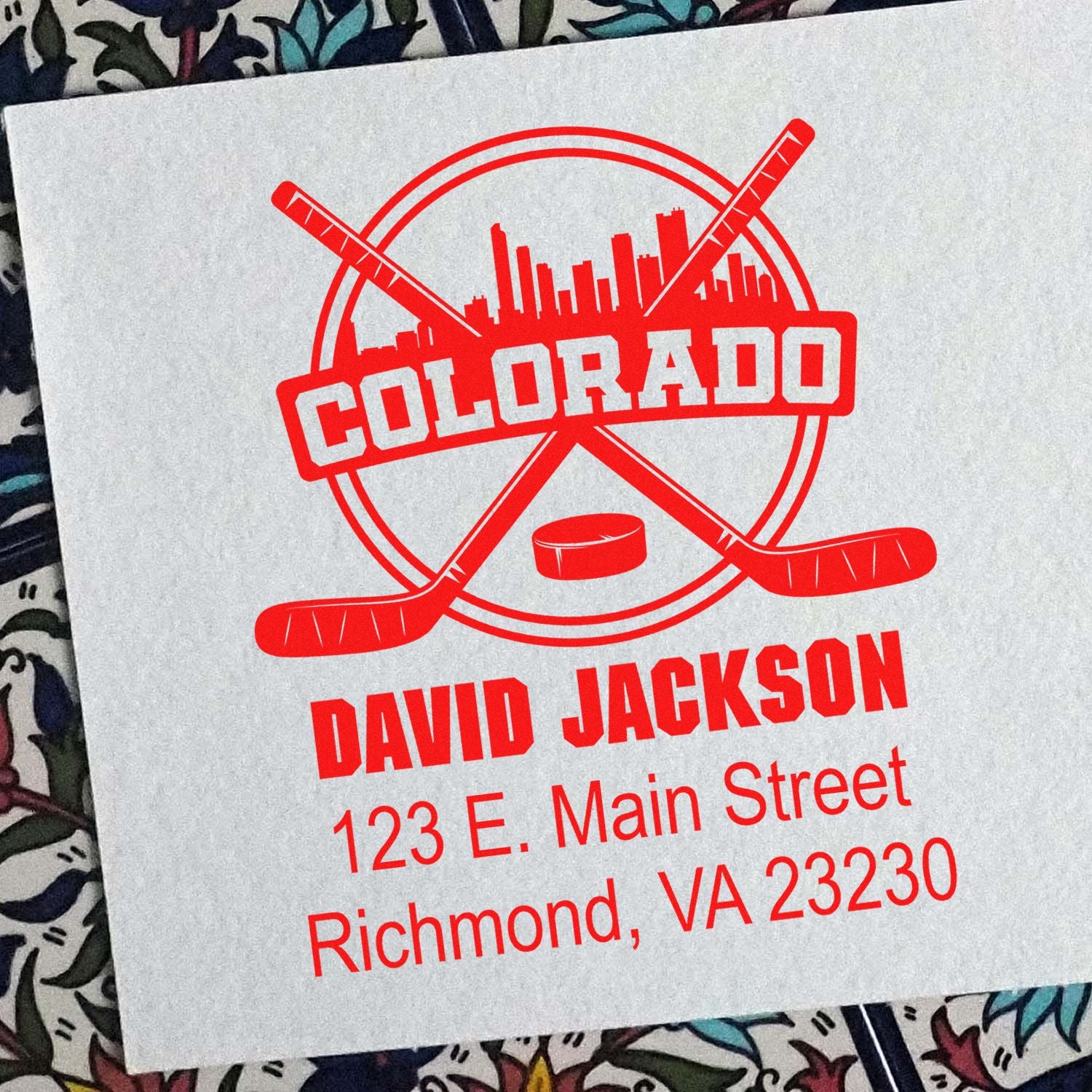 Custom Colorado hockey rubber stamp with David Jackson name and Richmond, VA address for branding or stationery.