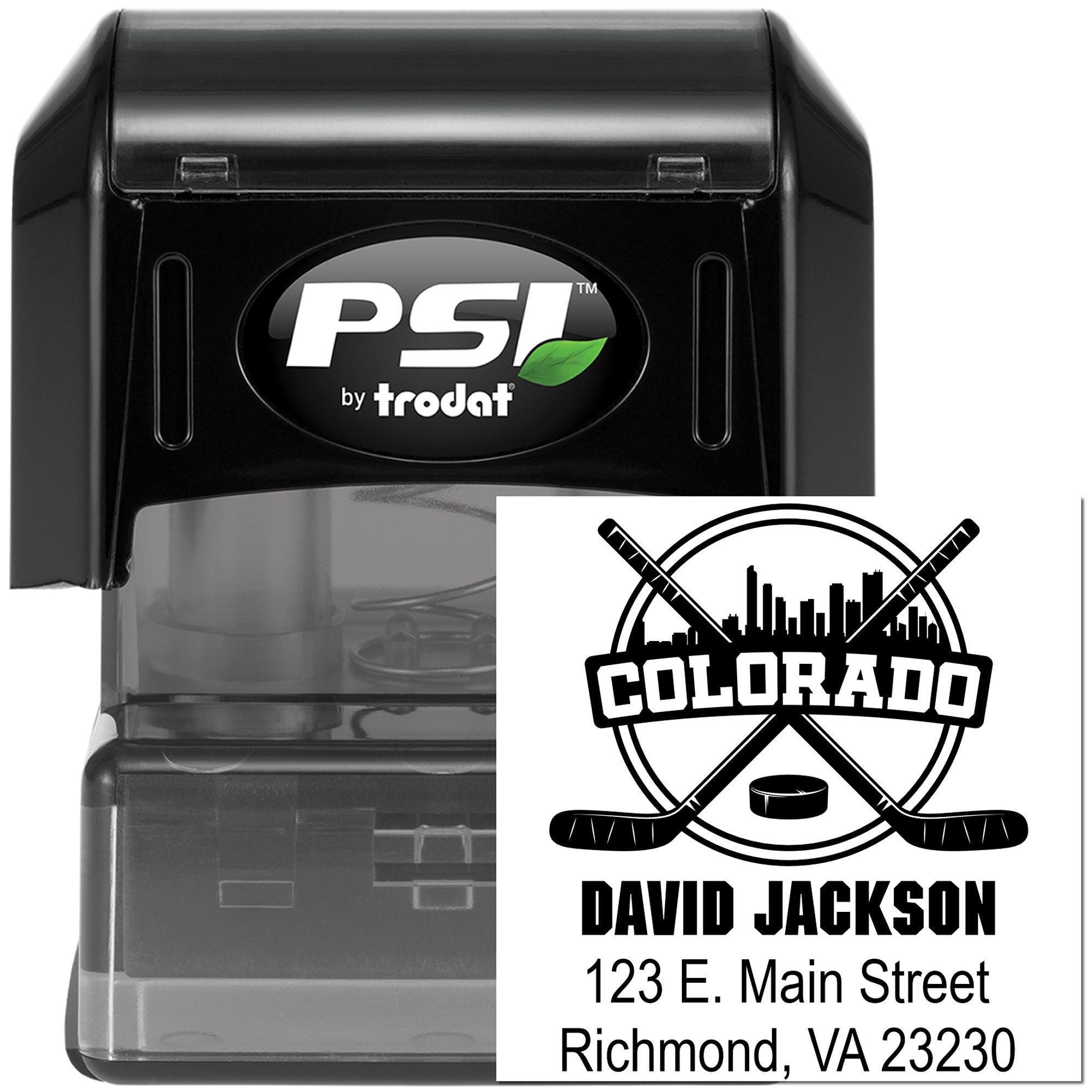 PSI by Trodat self-inking custom return address rubber stamp with Colorado hockey logo, name, and mailing address.