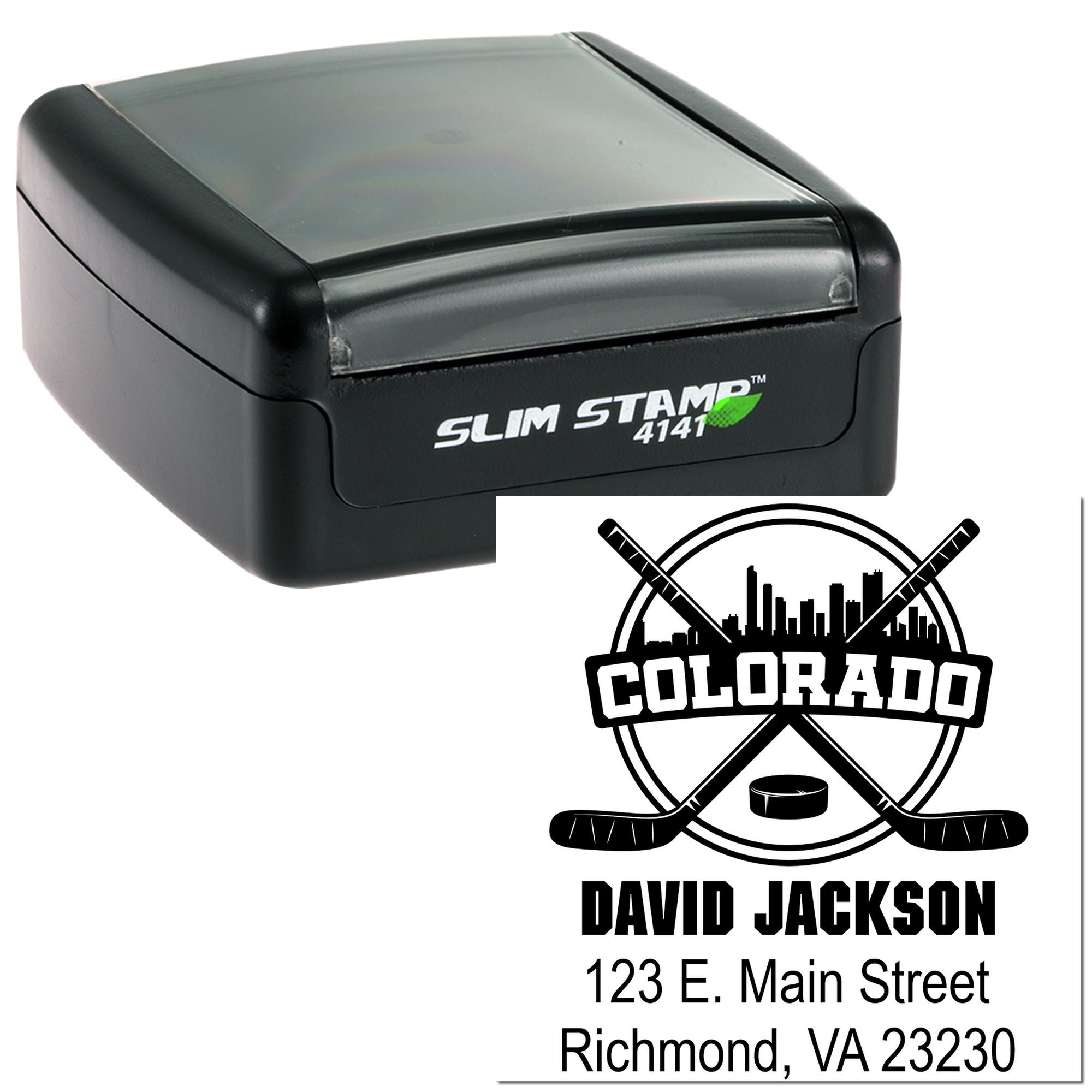 Custom self-inking Slim Stamp 4141 rubber stamp for hockey teams, featuring Colorado logo, name, and address imprint.