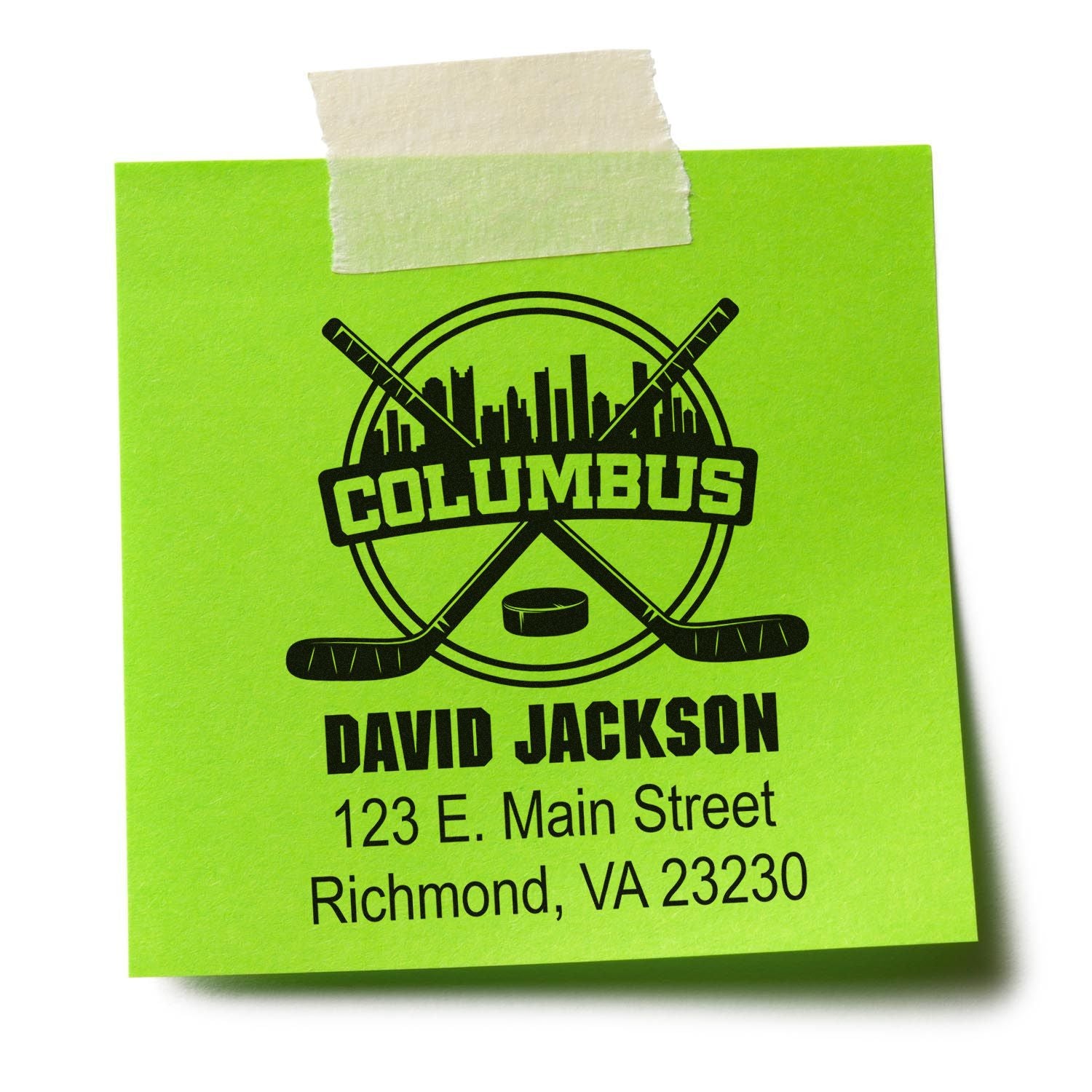 Custom hockey rubber stamp with Columbus logo, David Jackson name, and Richmond, VA address for business mail and branding.