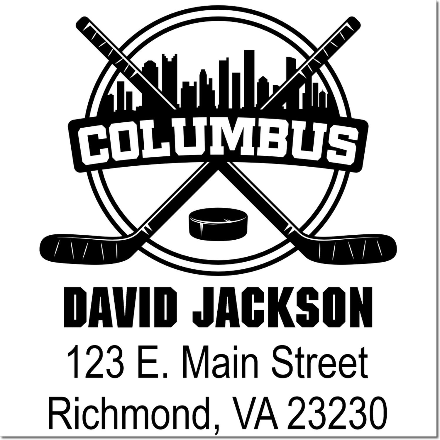 Custom Columbus hockey return address rubber stamp featuring skyline, crossed sticks, and David Jackson, Richmond, VA 23230.