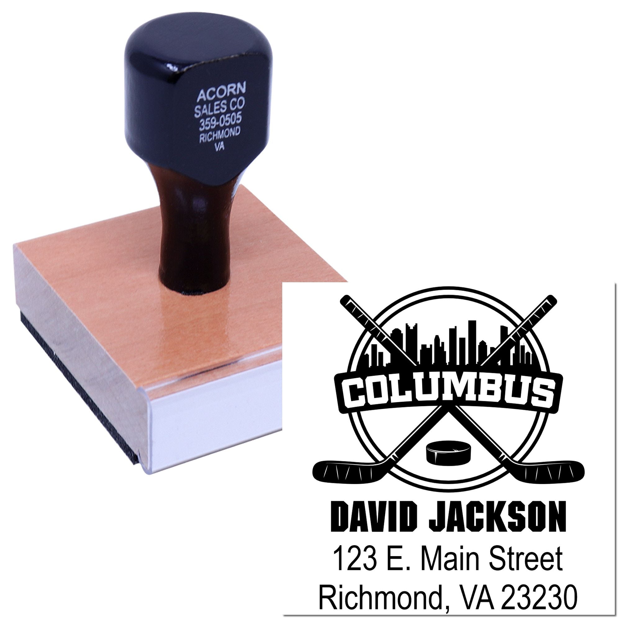 Custom hockey address rubber stamp with Columbus logo, David Jackson, and Richmond, VA return address.