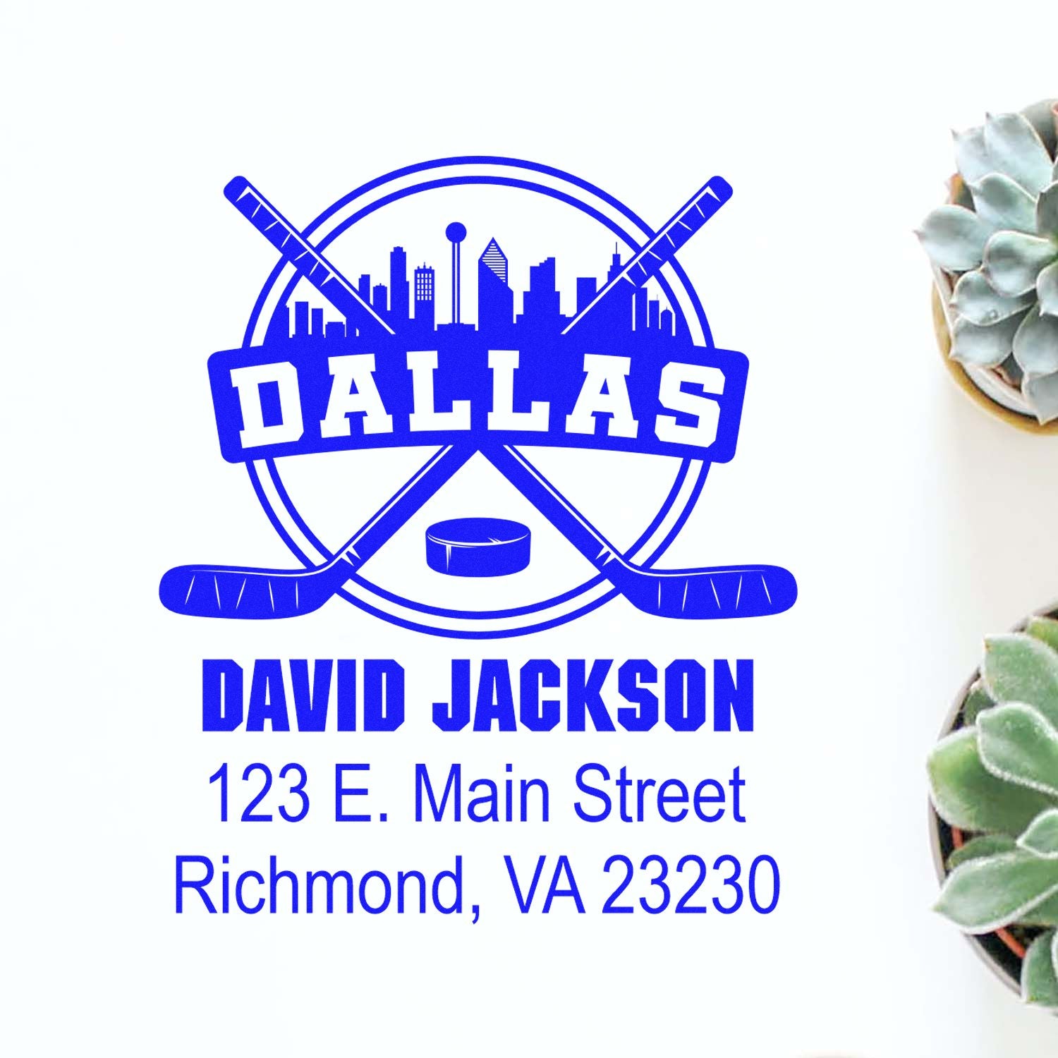 Custom Dallas hockey rubber stamp for David Jackson with skyline logo and address, 123 E. Main Street, Richmond VA 23230.