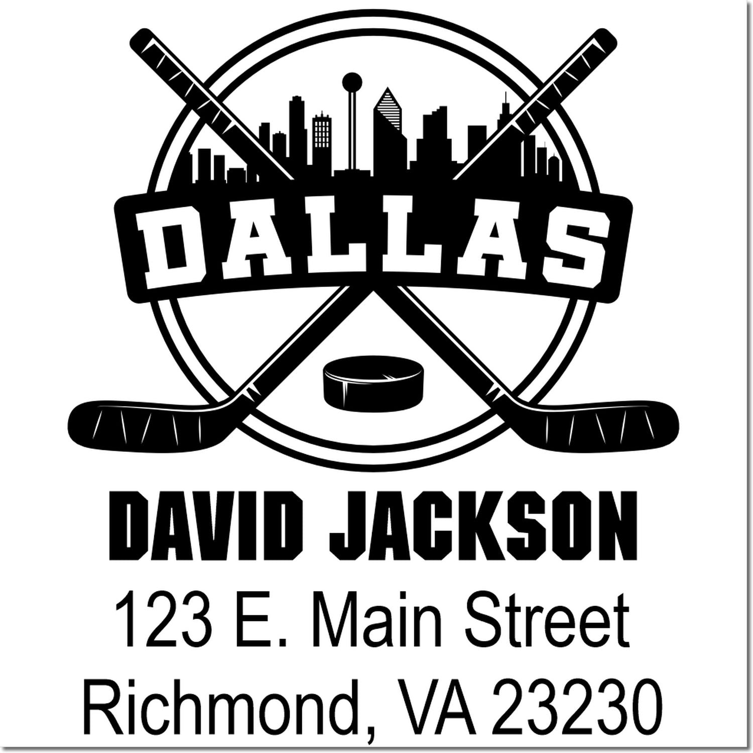Custom Dallas hockey return address rubber stamp with crossed sticks, skyline, and David Jackson, Richmond VA 23230.