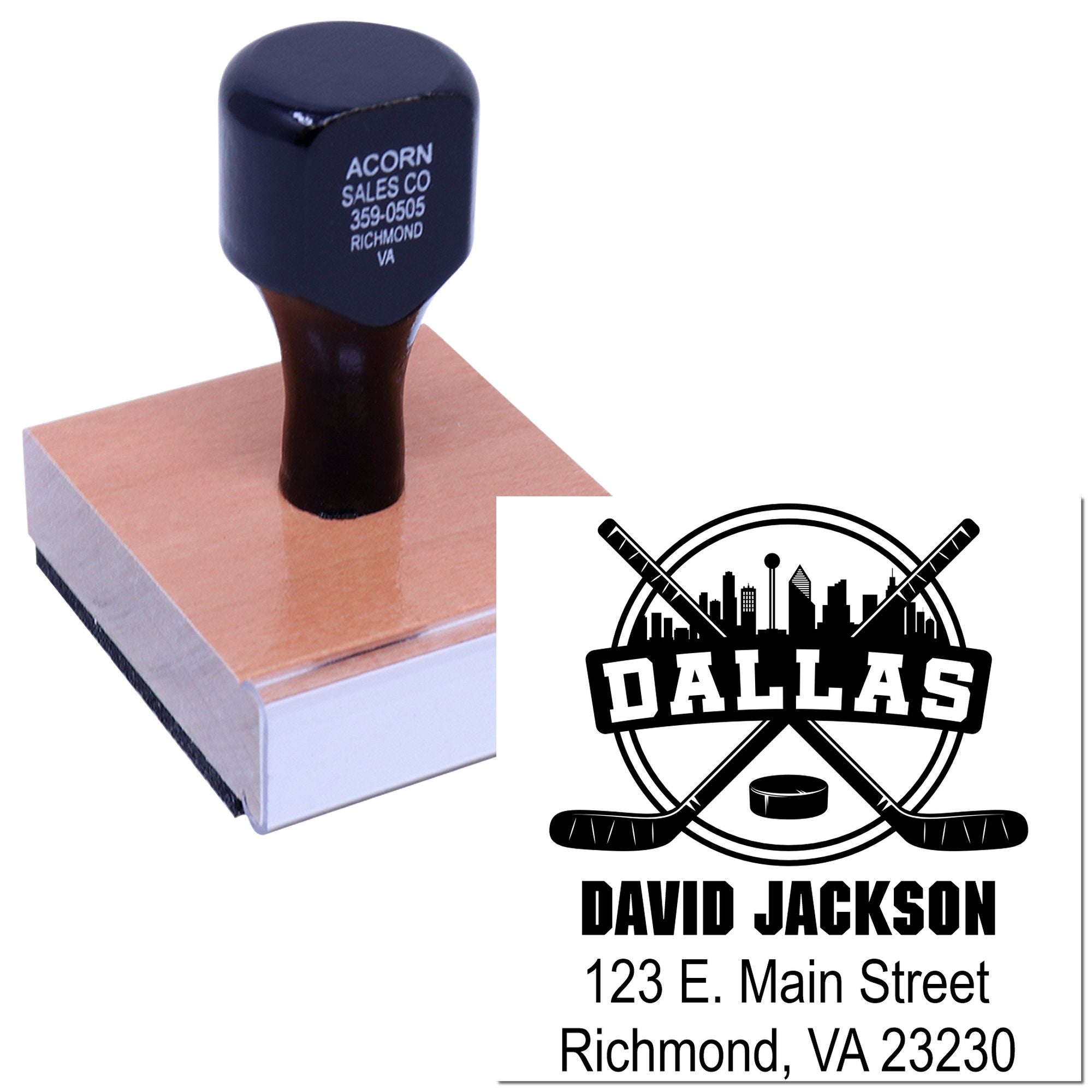 Custom rubber stamp featuring Dallas hockey logo, name, and address for personalized business or sports branding