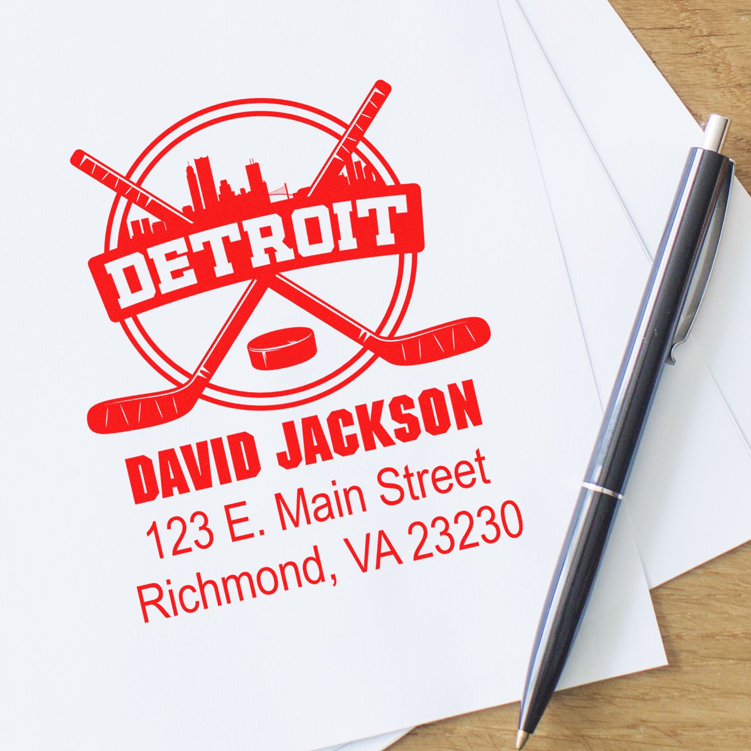 Custom Detroit hockey rubber stamp imprint with name and Richmond, VA address on paper.