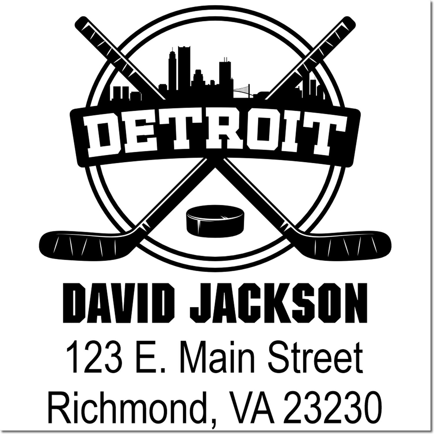 Custom Detroit hockey return address rubber stamp with skyline, crossed sticks, puck, and David Jackson address.