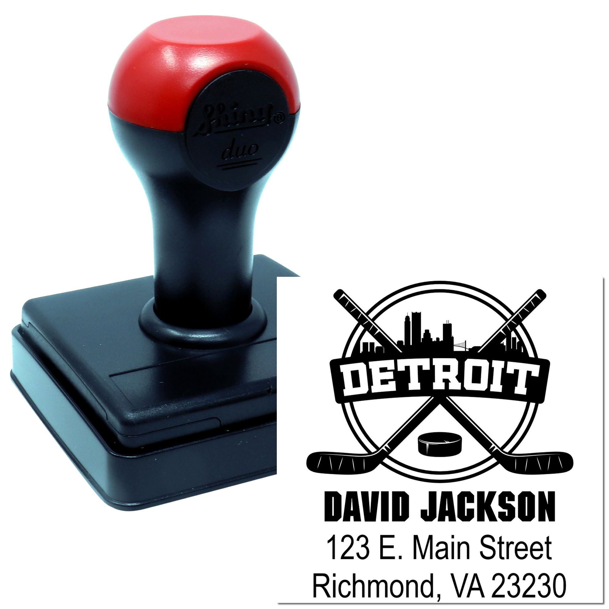 Custom Detroit hockey self-inking rubber stamp with name and address imprint for personalized business or sports branding.