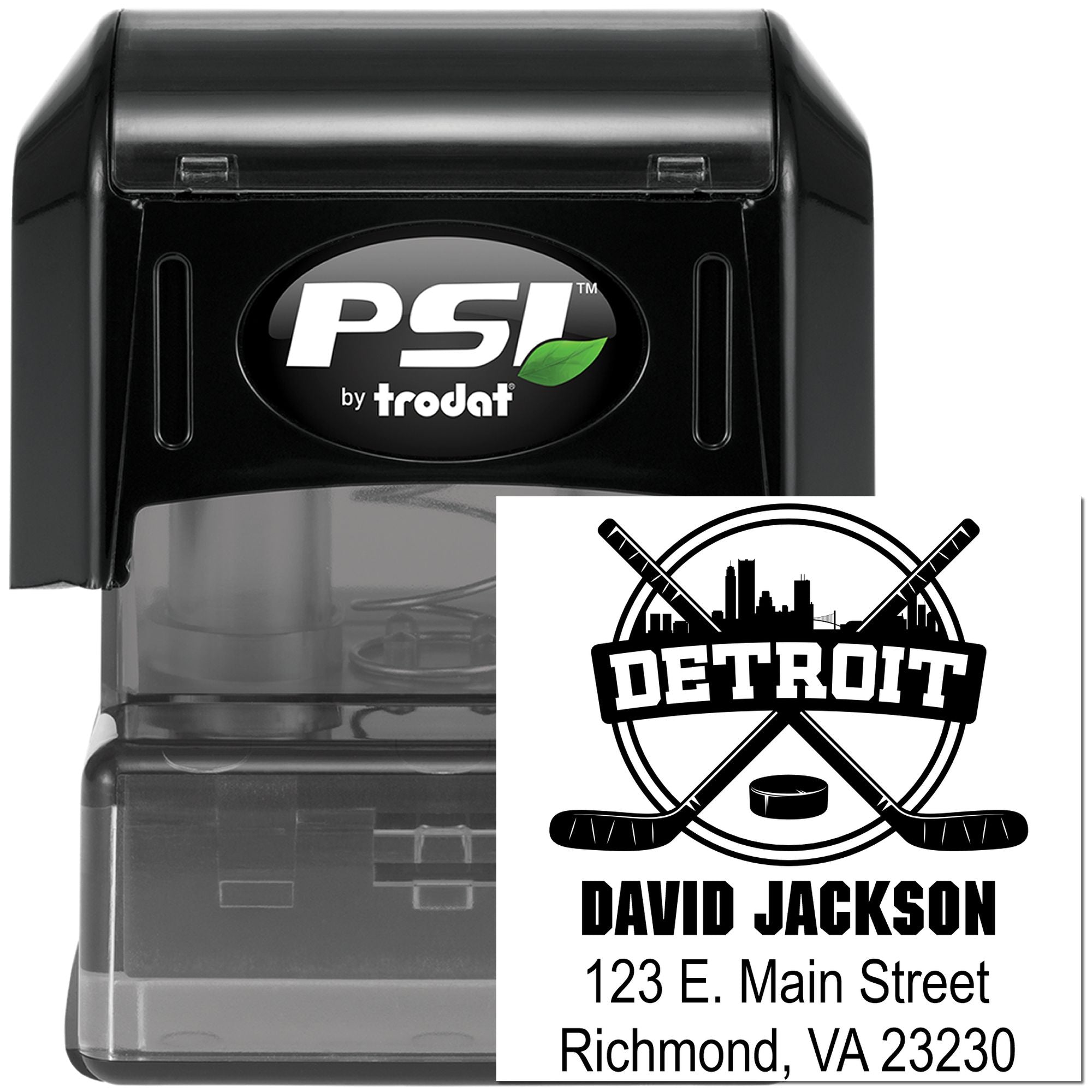 PSI by Trodat custom Detroit hockey self-inking rubber stamp with name and address for personalized mail.