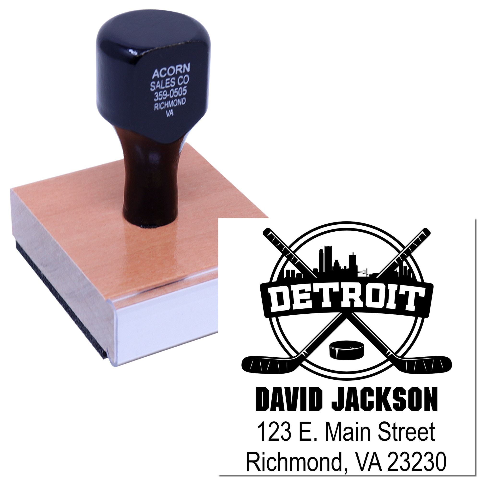 Custom Detroit hockey rubber stamp with name and address imprint for personalized business mailing.