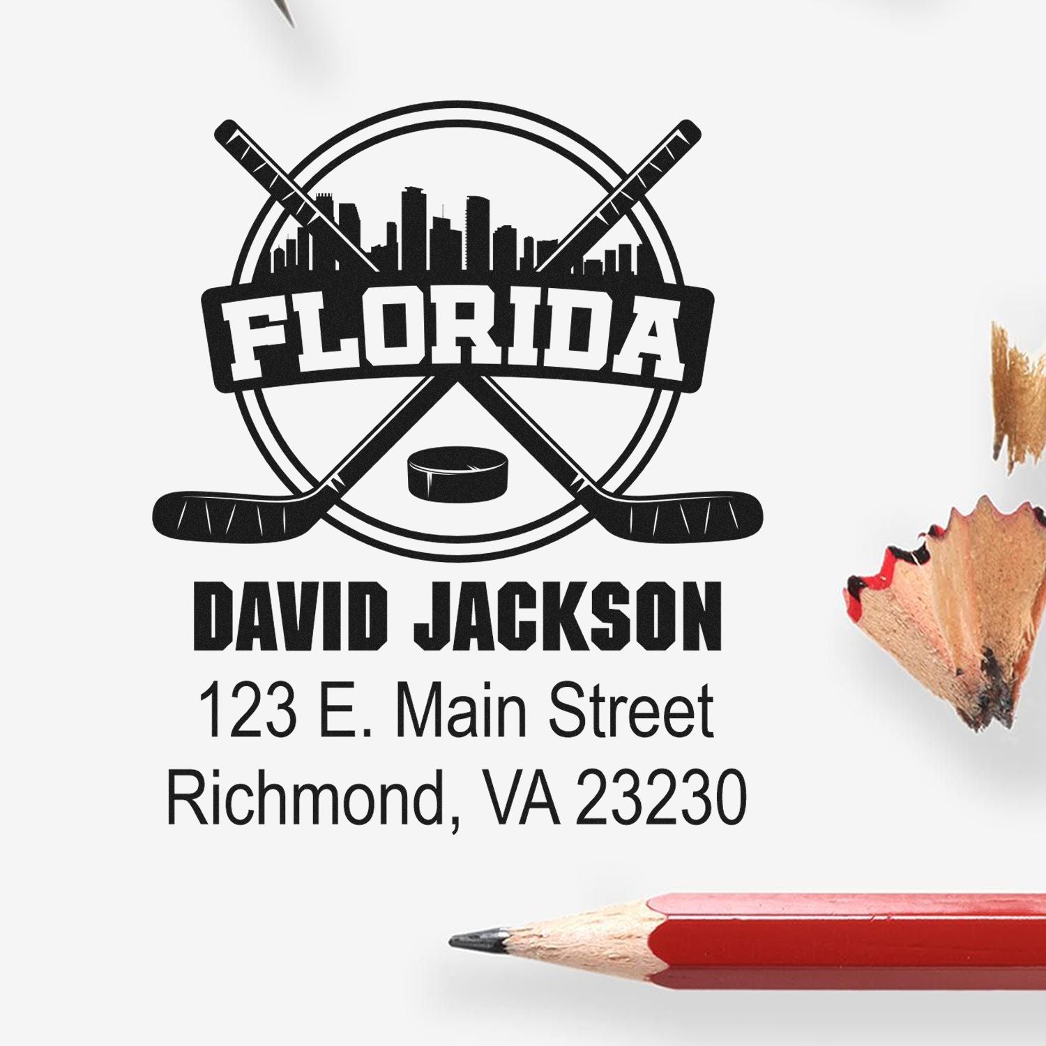 Custom Florida hockey rubber stamp with name, address, and team logo for personalized mail and branding.