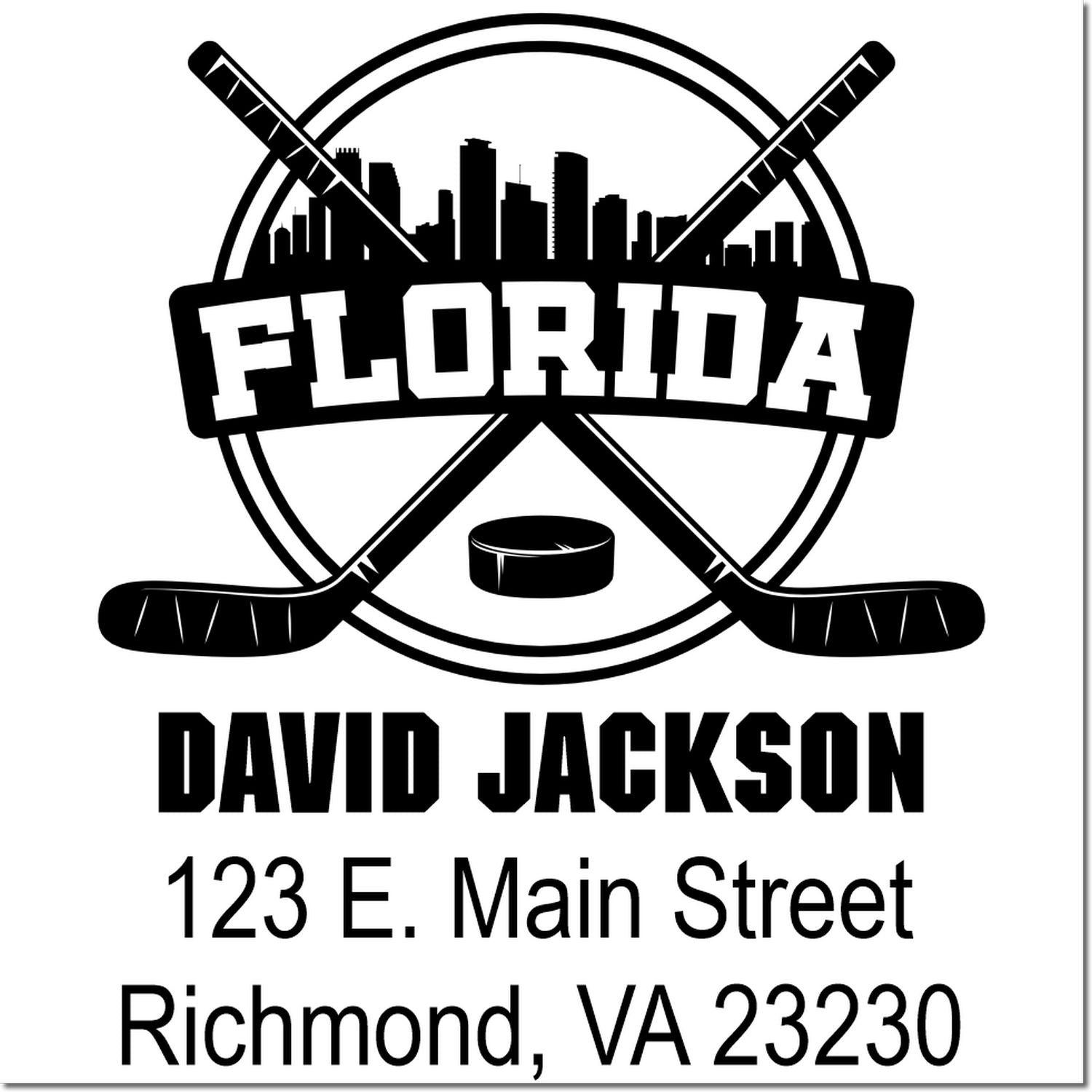 Custom Florida hockey return address stamp with crossed sticks, city skyline, David Jackson, Richmond, VA 23230.