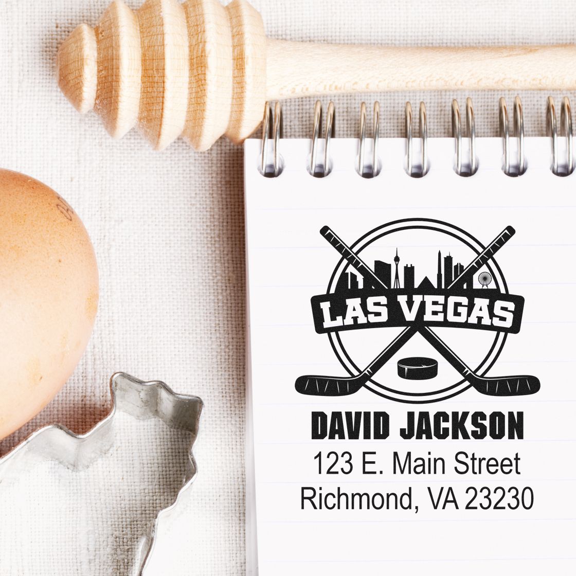 Custom Las Vegas hockey rubber stamp imprint with name and address on notepad for personalized return mail.