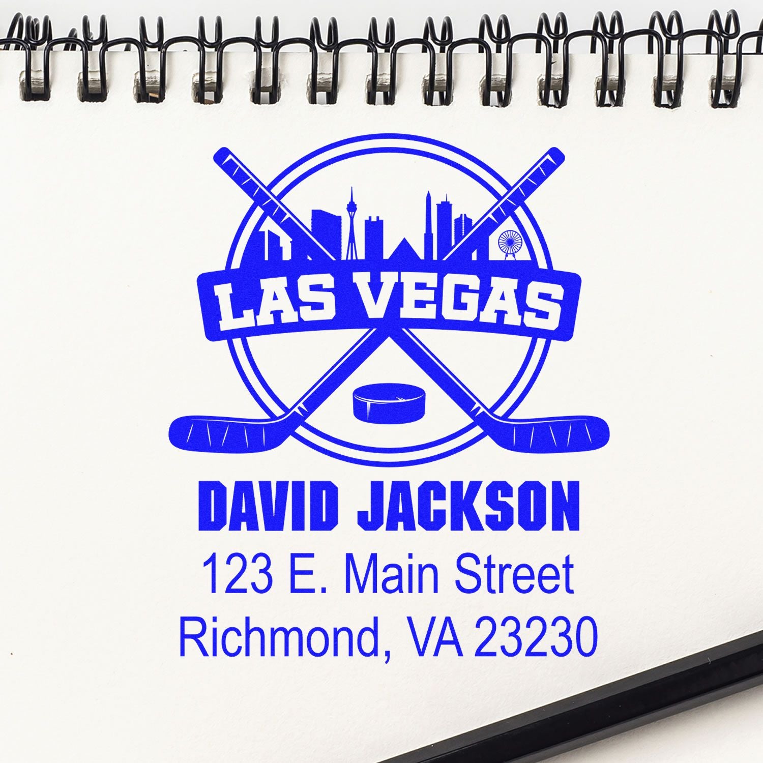 Custom rubber stamp with Las Vegas hockey logo, David Jackson name, and Richmond, VA address for branding.